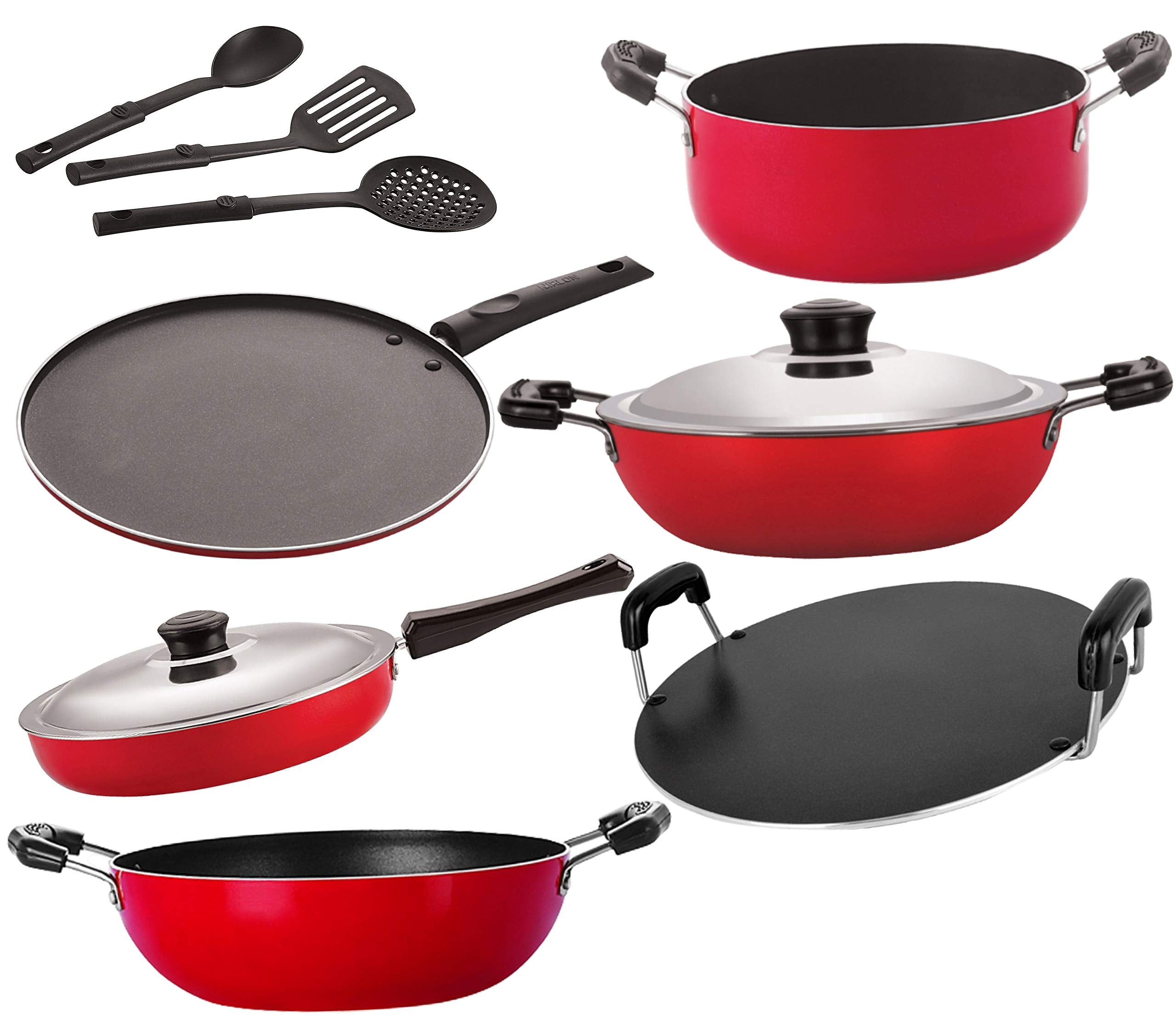 Nirlon NonStick Coated Dishwasher Safe Cookware Utensil Combo Gift Set Offer9 Pcs [26_Fp13_Kd13_Dkdb_Rt_Cass20_St11_3Spn]