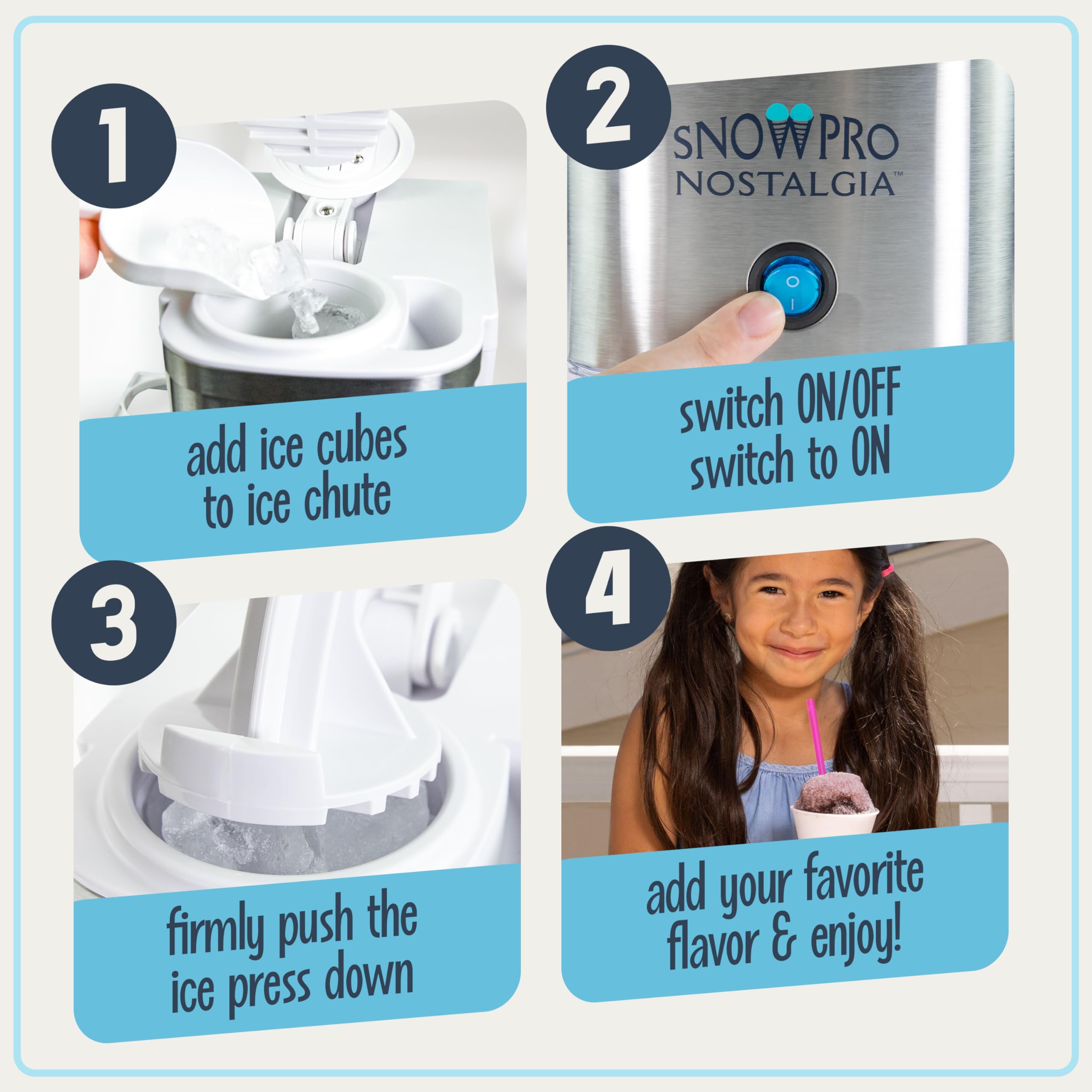 Nostalgia Snowpro Electric Shaved Ice & Snow Cone Maker 64-Ounce Ice Shaving Capacity, 4 Reusable Cones, Side Shelves, And Scoop