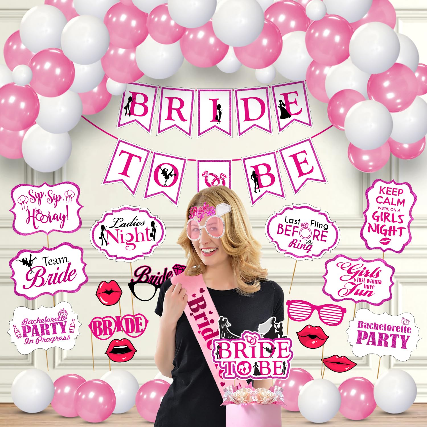 Zyozique Bachelorette / Bridal Shower Decor  Bride to Be Banner, Sash, Eye Glass, Photo Booth and Balloon (Pack of 44)