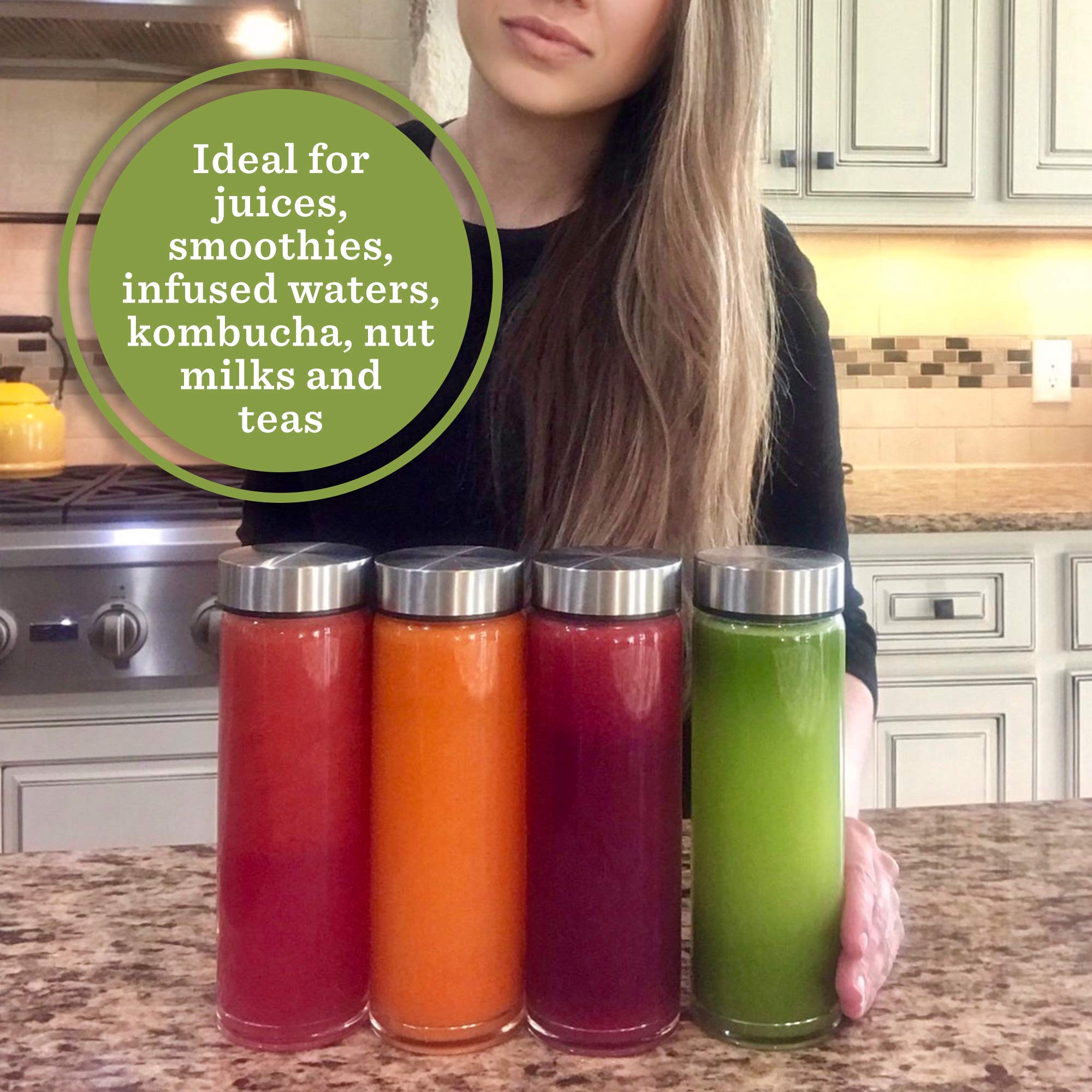 Juice Bottles - 4 Pack Wide Mouth Glass Bottles With Lids - For Juicing, Smoothies, Infused Water, Beverage Storage - 16Oz, Bpa