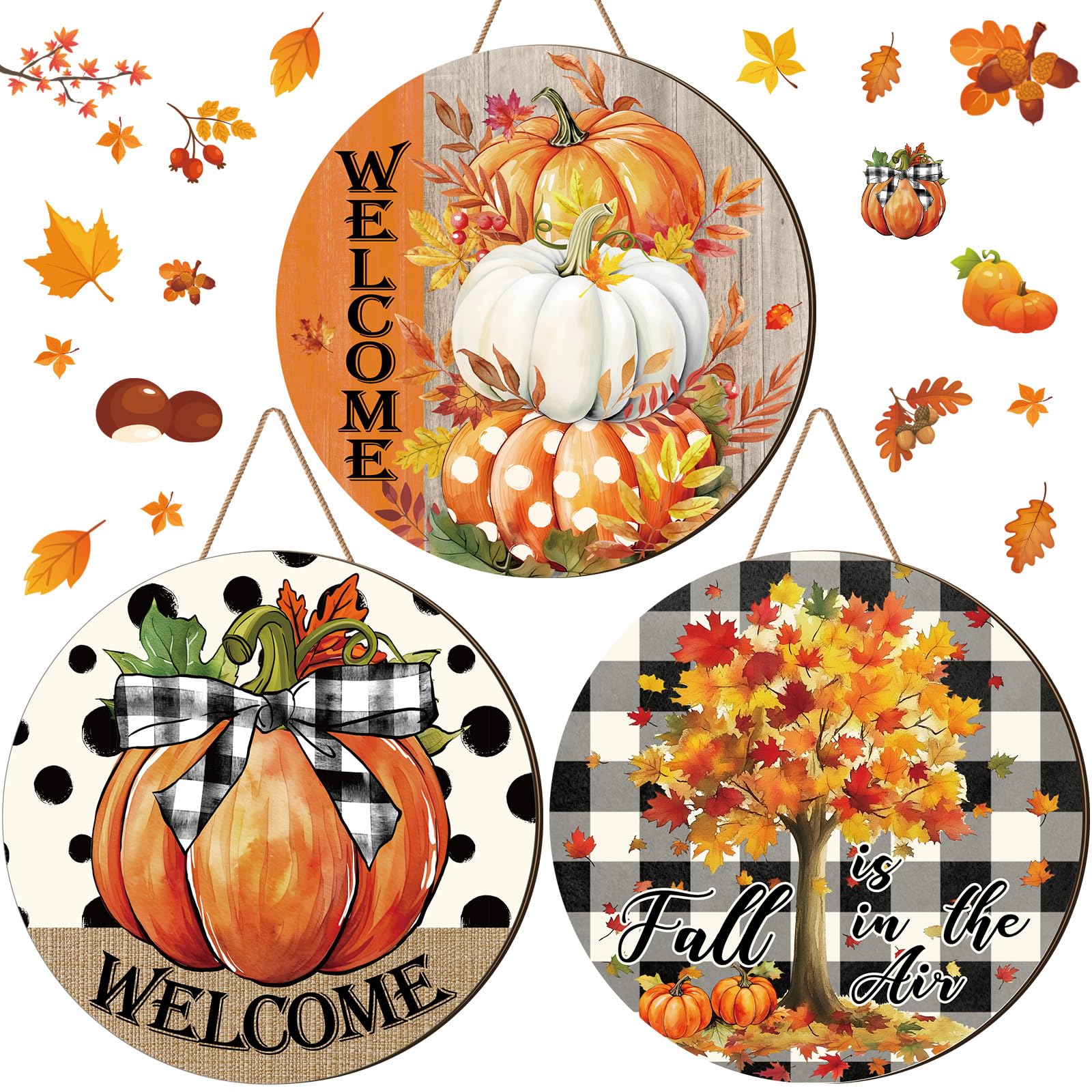 3 Pcs Fall Thanksgiving Decoration for Home Front Door Decor Signs Fall Pumpkin Wooden Wreath Autumn Maple Leaves Door Hanger fo