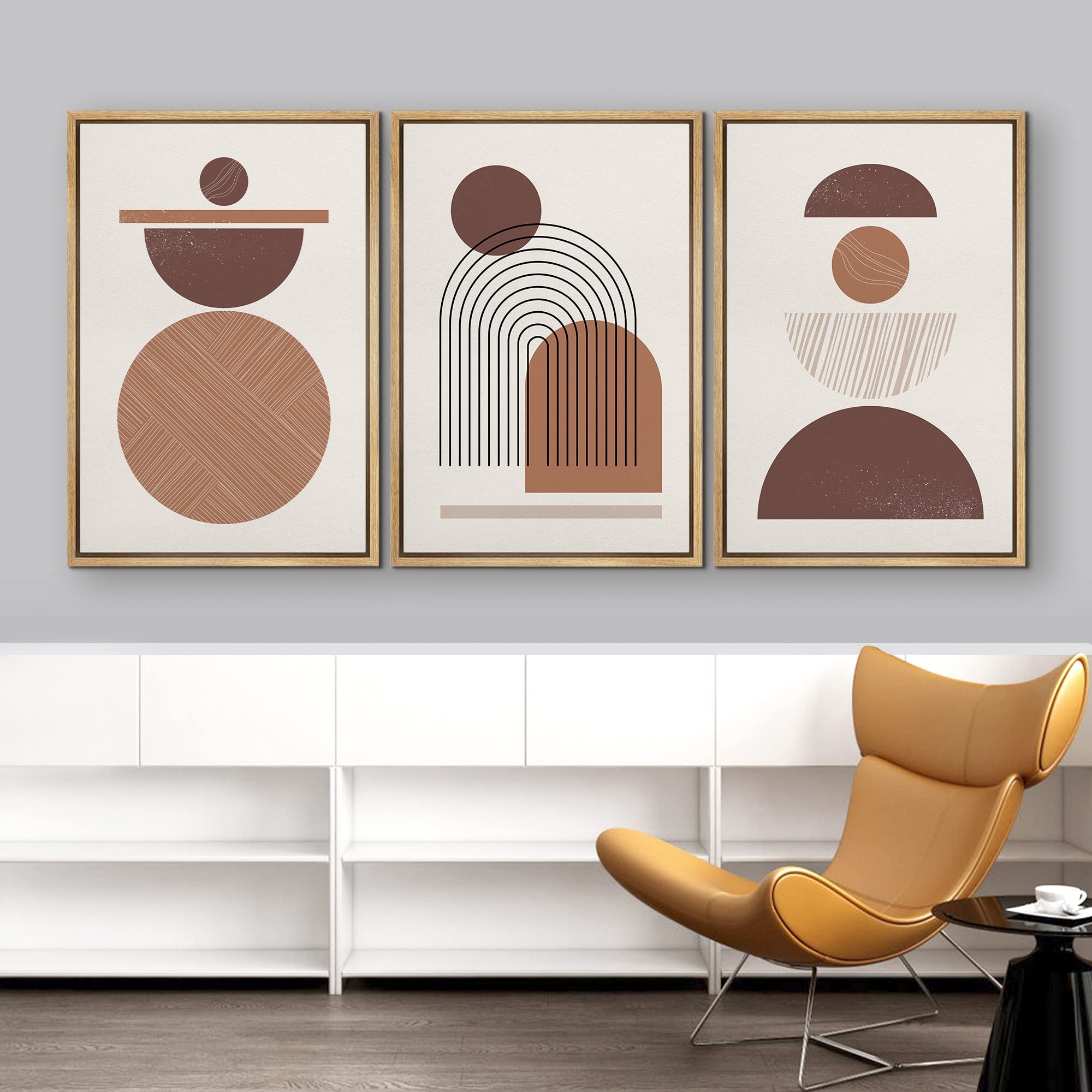 Idea4Wall Framed Canvas Print Wall Art Set Mid-Century Brown Geometric Polygon Collage Abstract Shapes Illustrations Bohemian De