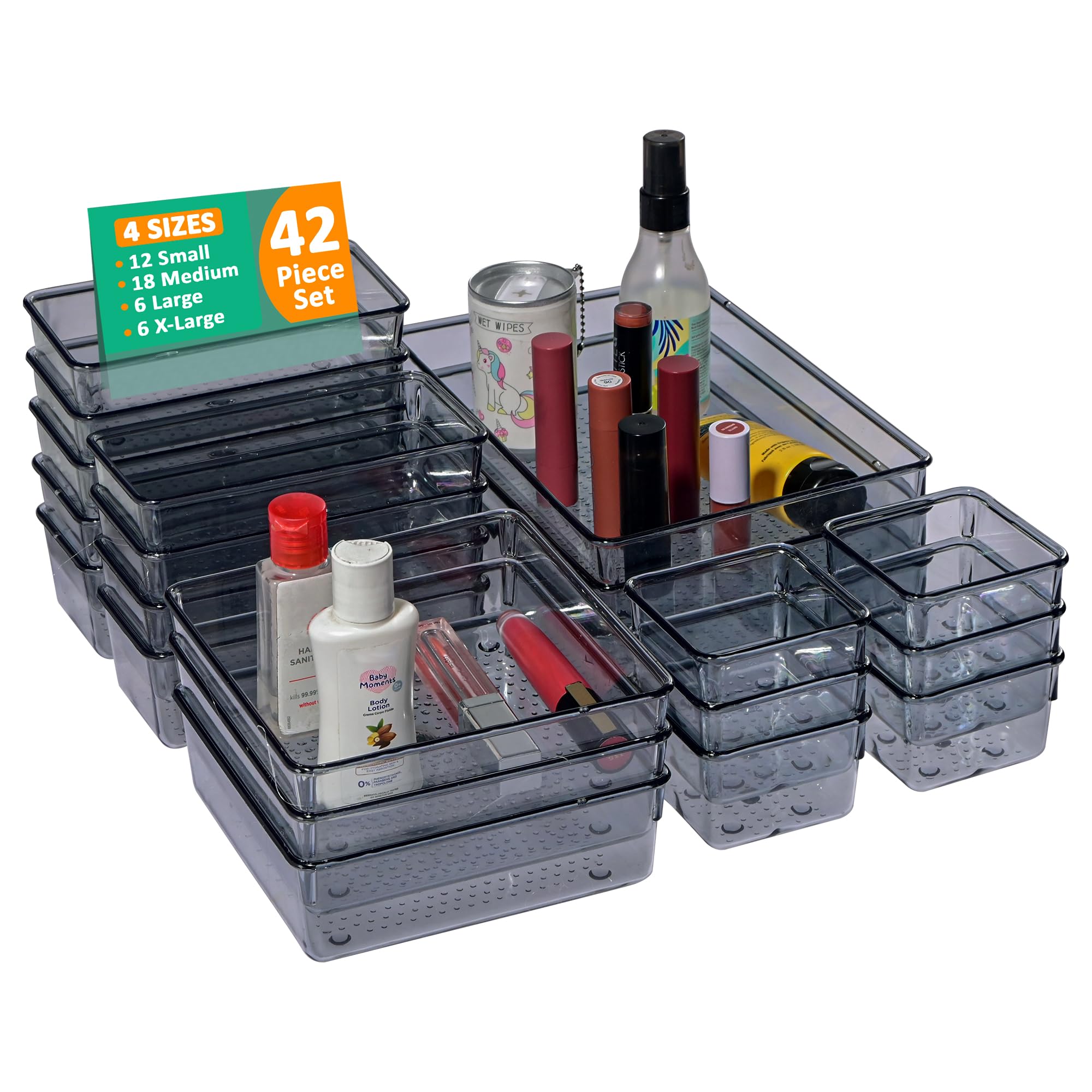 Kuber Industries Acrylic Set Of 16 Transparent Cosmetic Organizer Tray | Drawers Organisers For Kitchen, Office And Bathroom Van