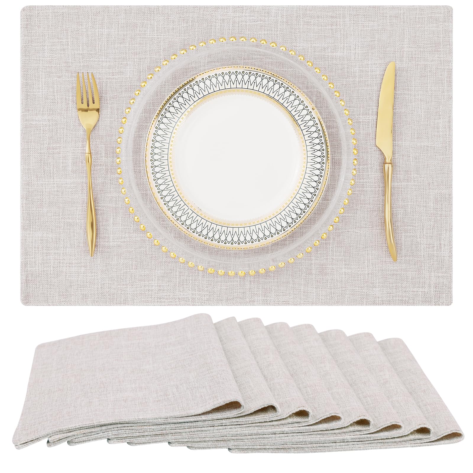 Homing Neutral Beige Cloth Placemats Set Of 8 - Cotton Linen Blend Washable Farmhouse Dining Table Mats For Indoors & Outdoors,