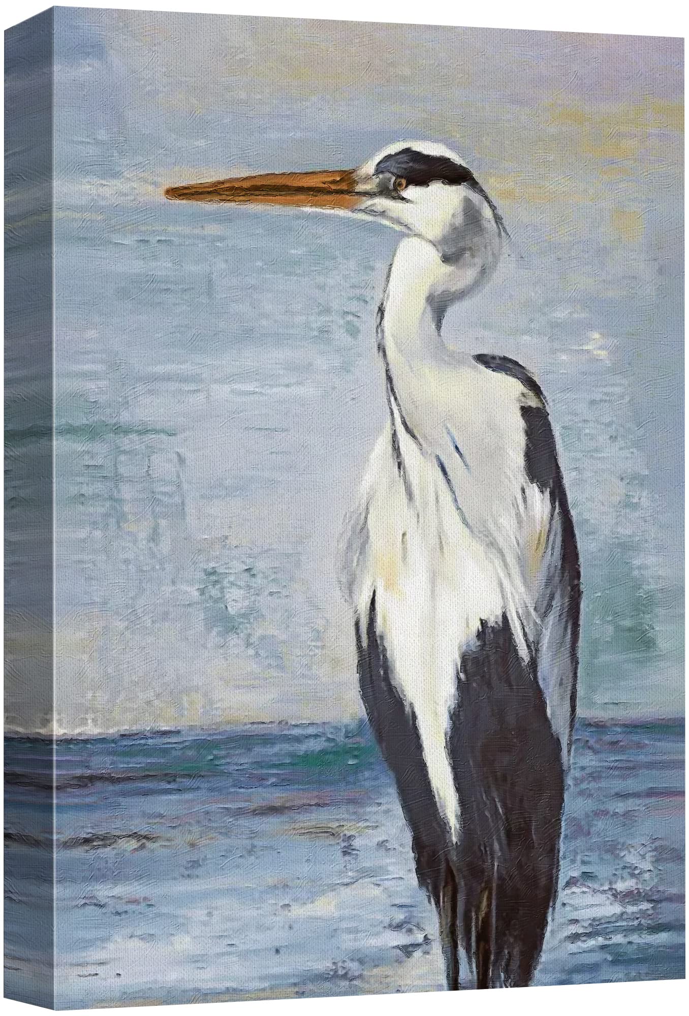 Wall26 Canvas Print Wall Art Blue Beach Wave Ocean Sea Crane Bird Nature Wilderness Illustrations Modern Art Decorative Multicol