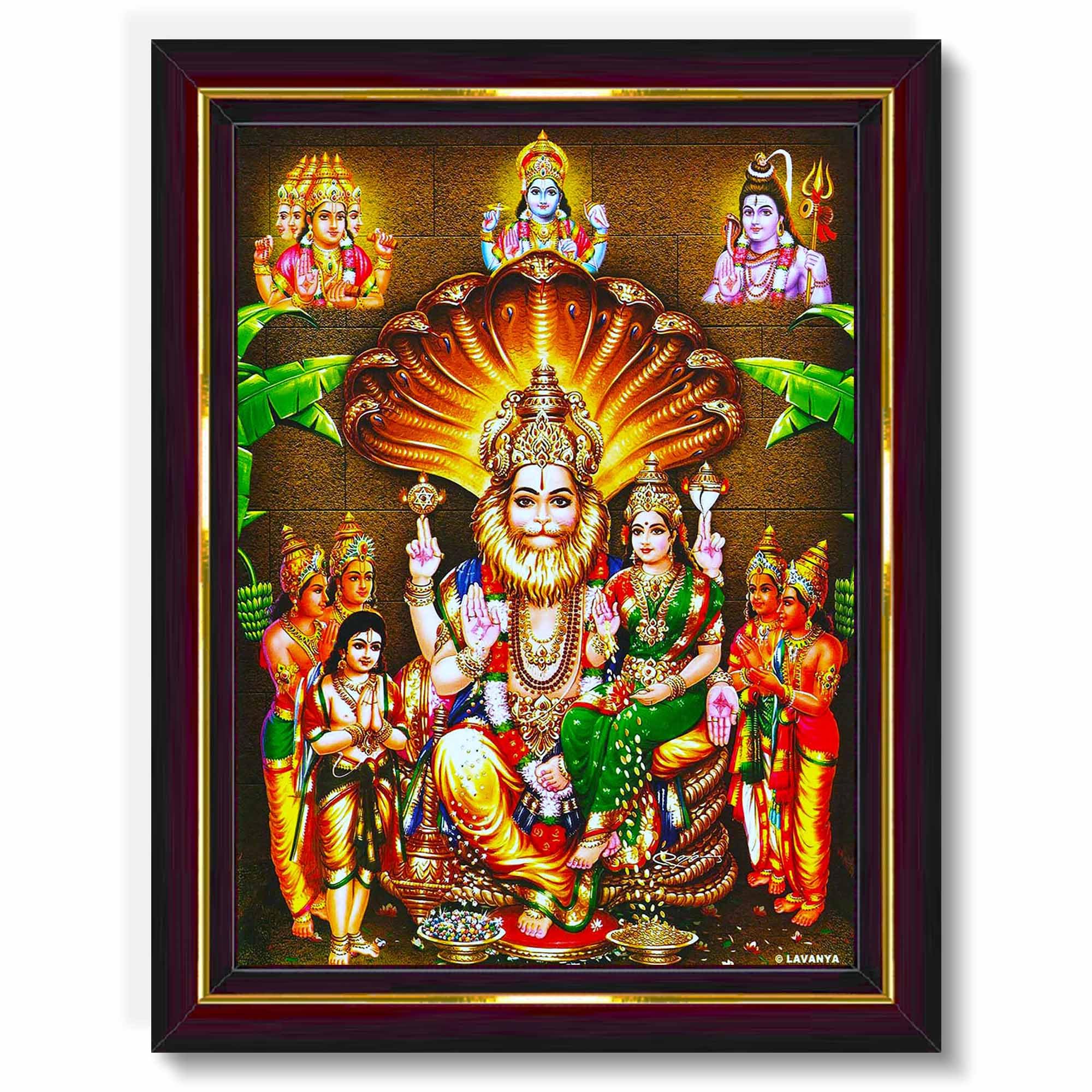 Pavan Photo Laminations Lakshmi Narasimha Swamy Lord Narsingh Bhagwan Wall Painting Framed Home Decor (Wood,Matte,Brown,Small Si