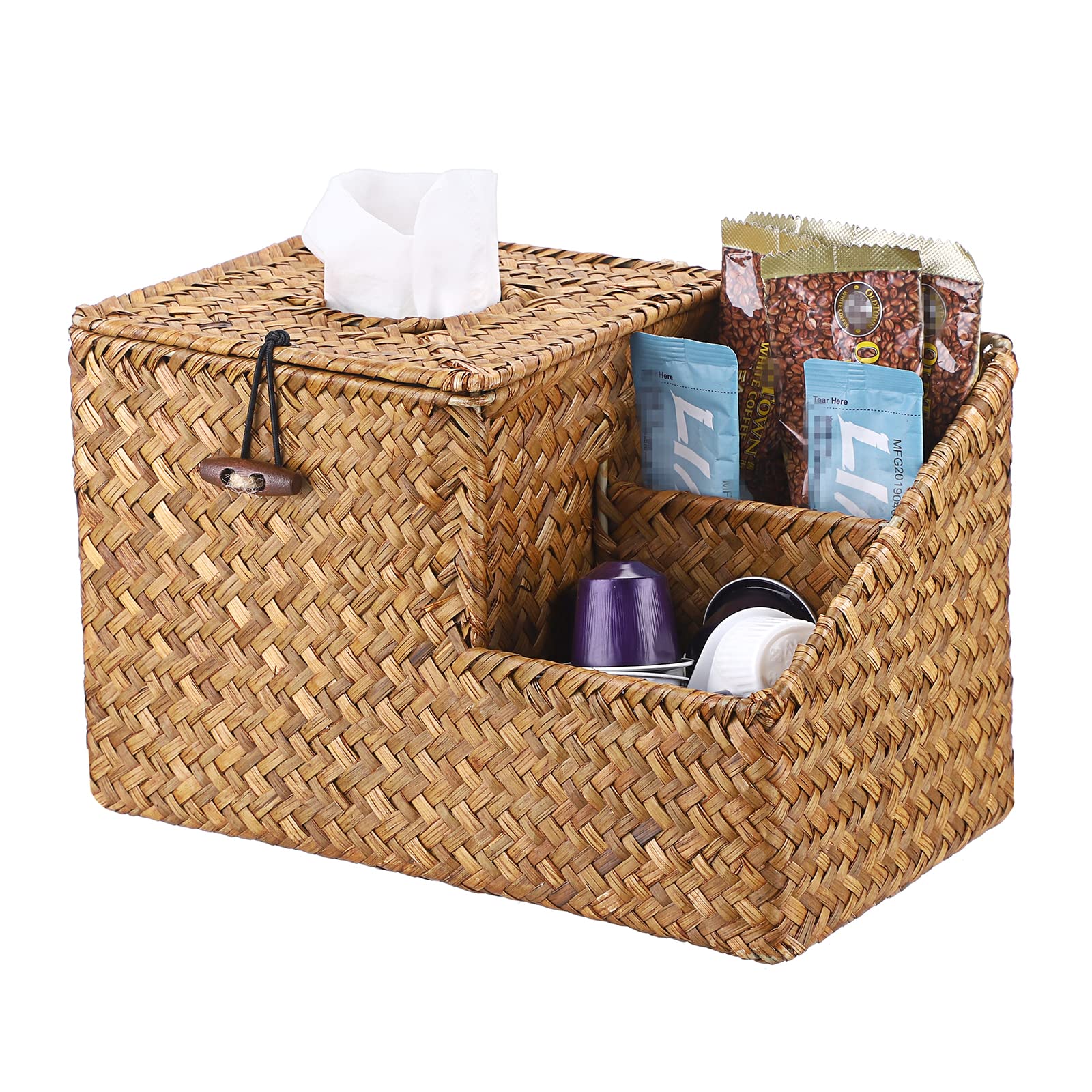Sumnacon Square Woven Tissue Box Cover - Decorative Cube Tissue Box Holder With Side Organizer, Rustic Seagrass Tissue Box For L