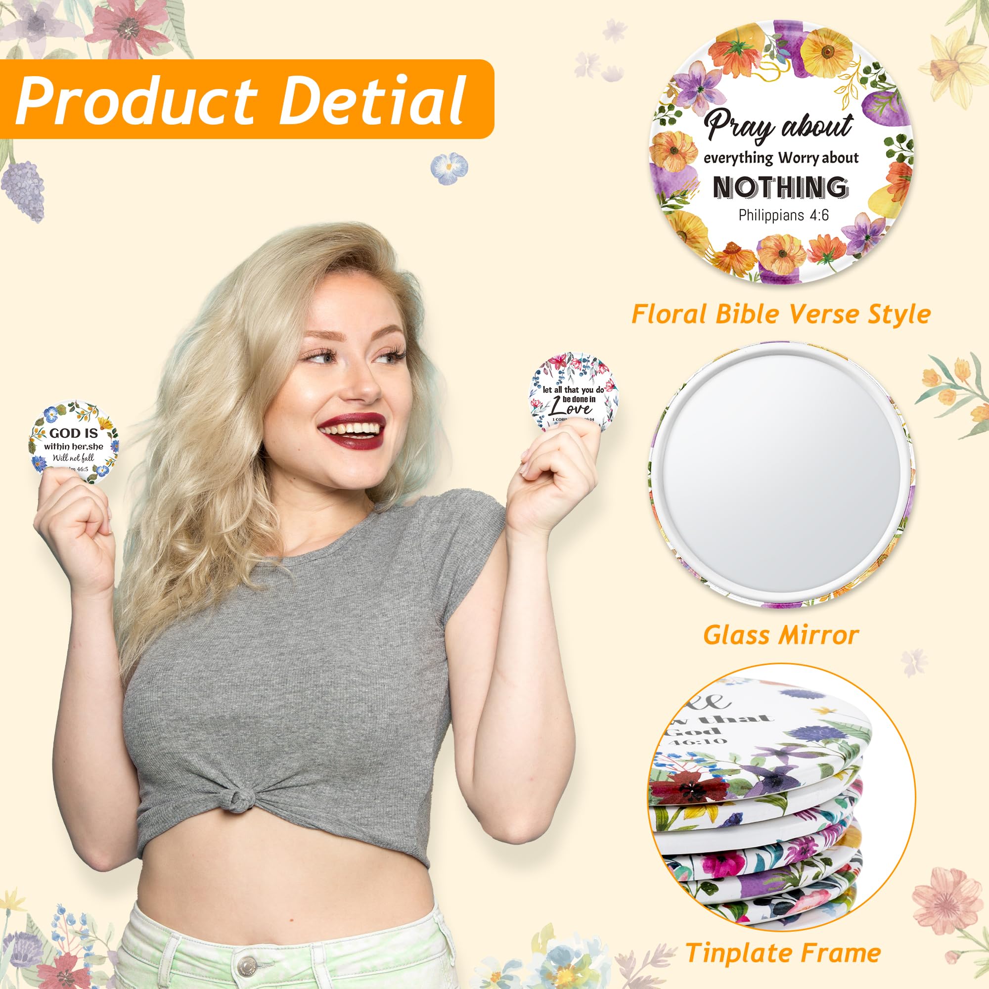 Y1Tvei Bible Verse Compact Mirrors - 36Pcs Floral Bible Verse Mini Compact Mirrors Christian Gifts Bulk Inspirational Small Port