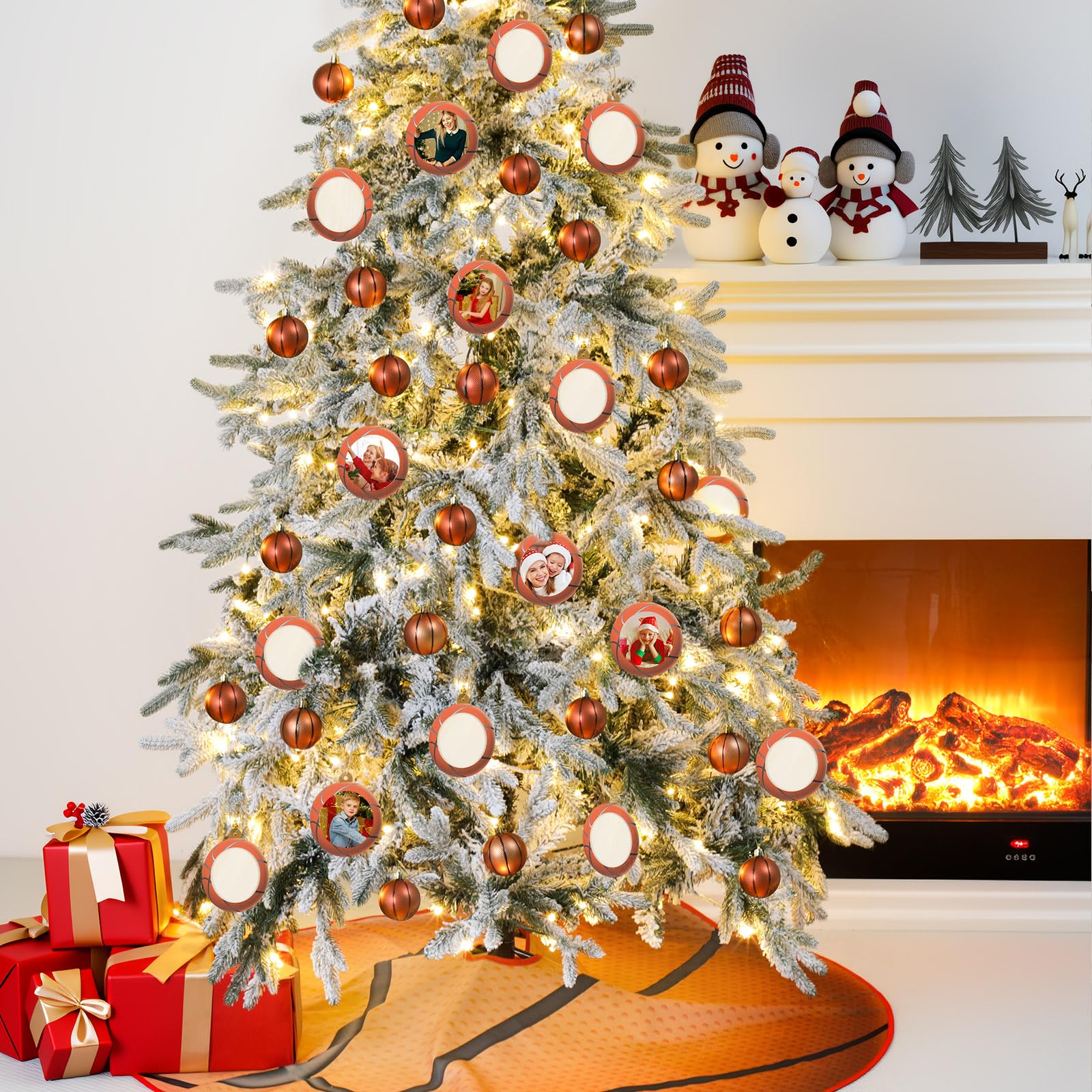 Syhood 26 Pcs Basketball Christmas Decor Set Include 12 Sports Ball Ornaments 36'' Print Christmas Tree Skirt 12 Wooden Mini Spo
