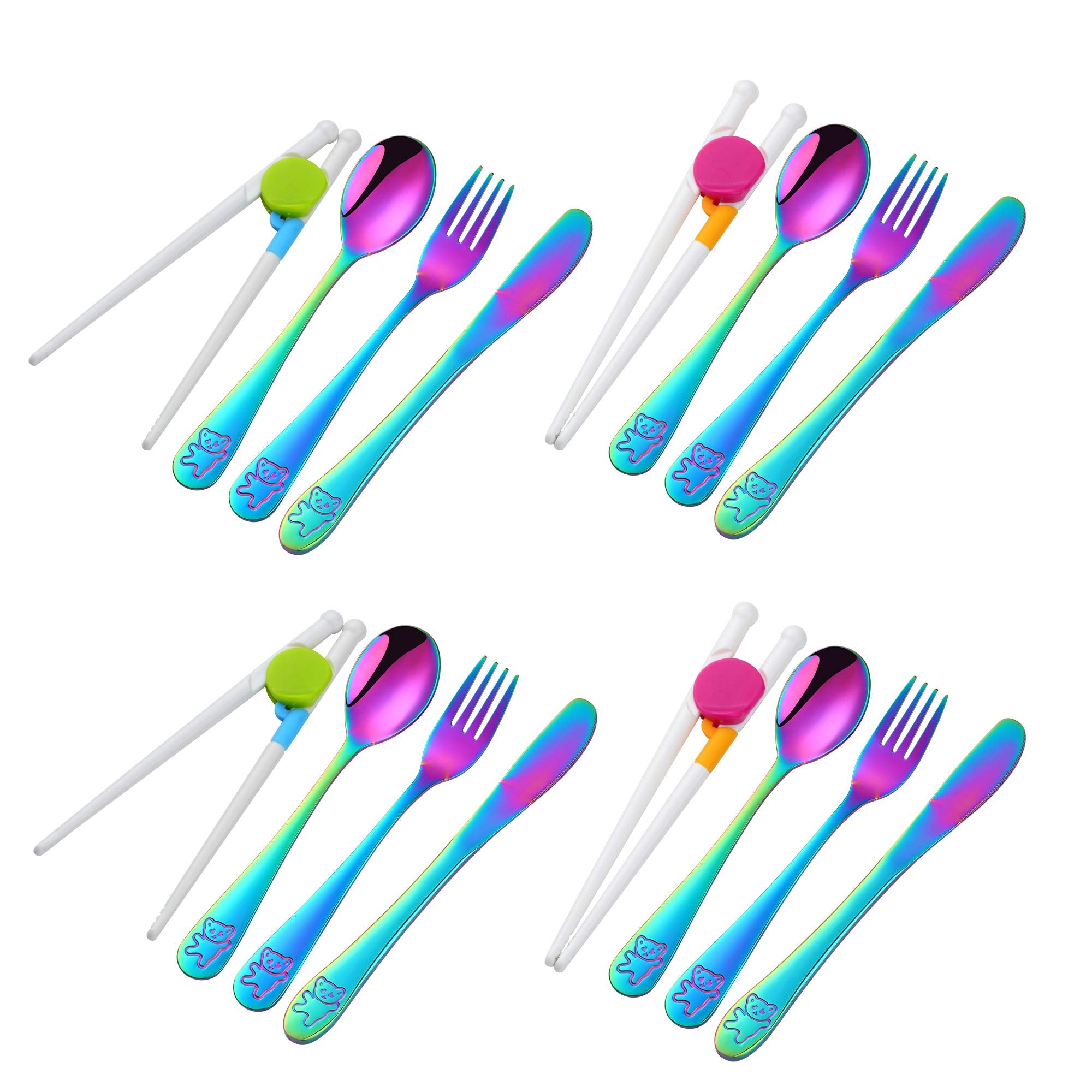 Kids Silverware, Poylim Stainless Steel Children Flatware Set, Toddler Utensils Set of 4, Rainbow