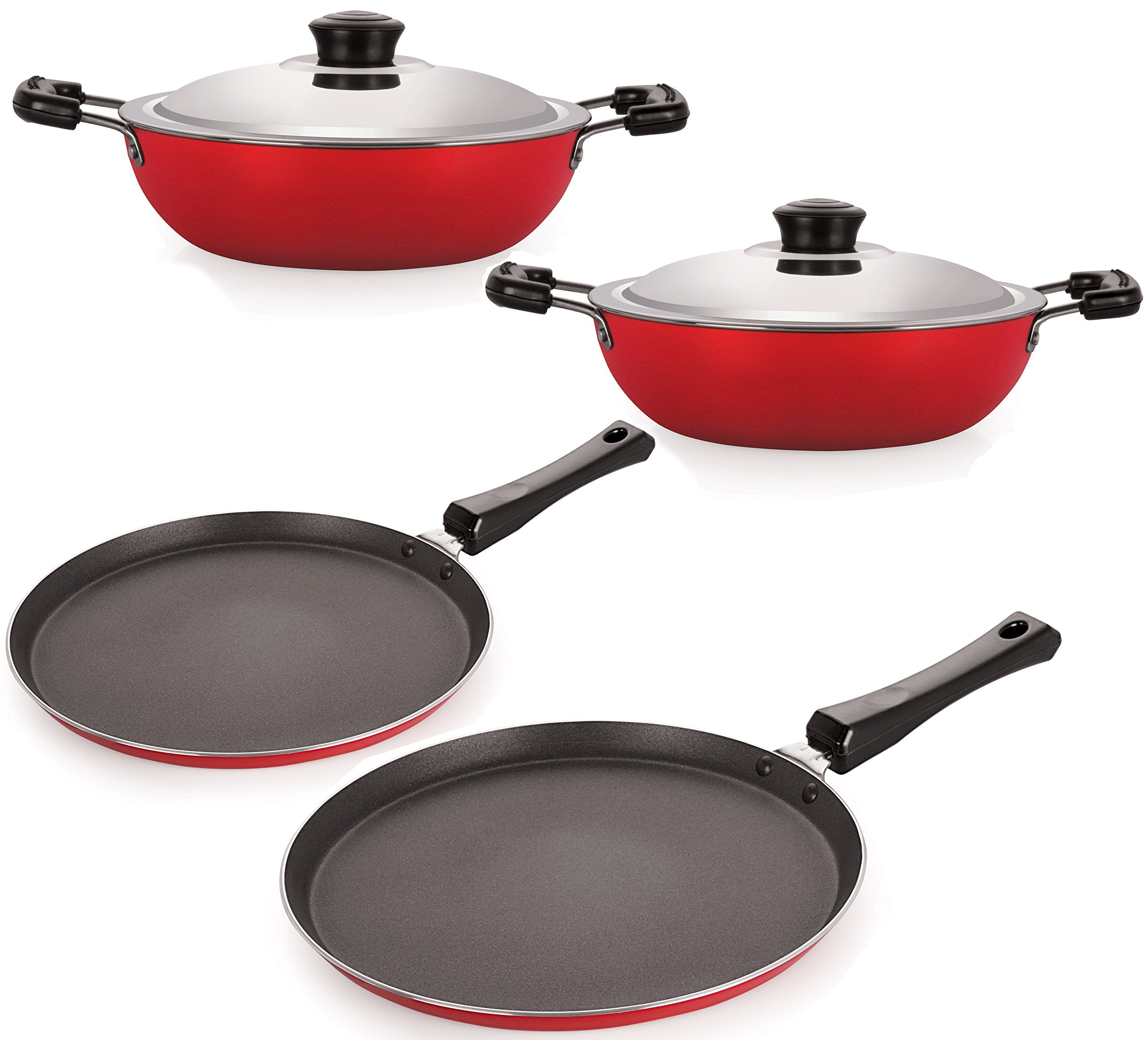 Nirlon NonStick Cookware Kitchen Cooking Utencil Combo Set Offer, (Ft12_Dkdm_Dkdb_Ft11),Red & Black Color