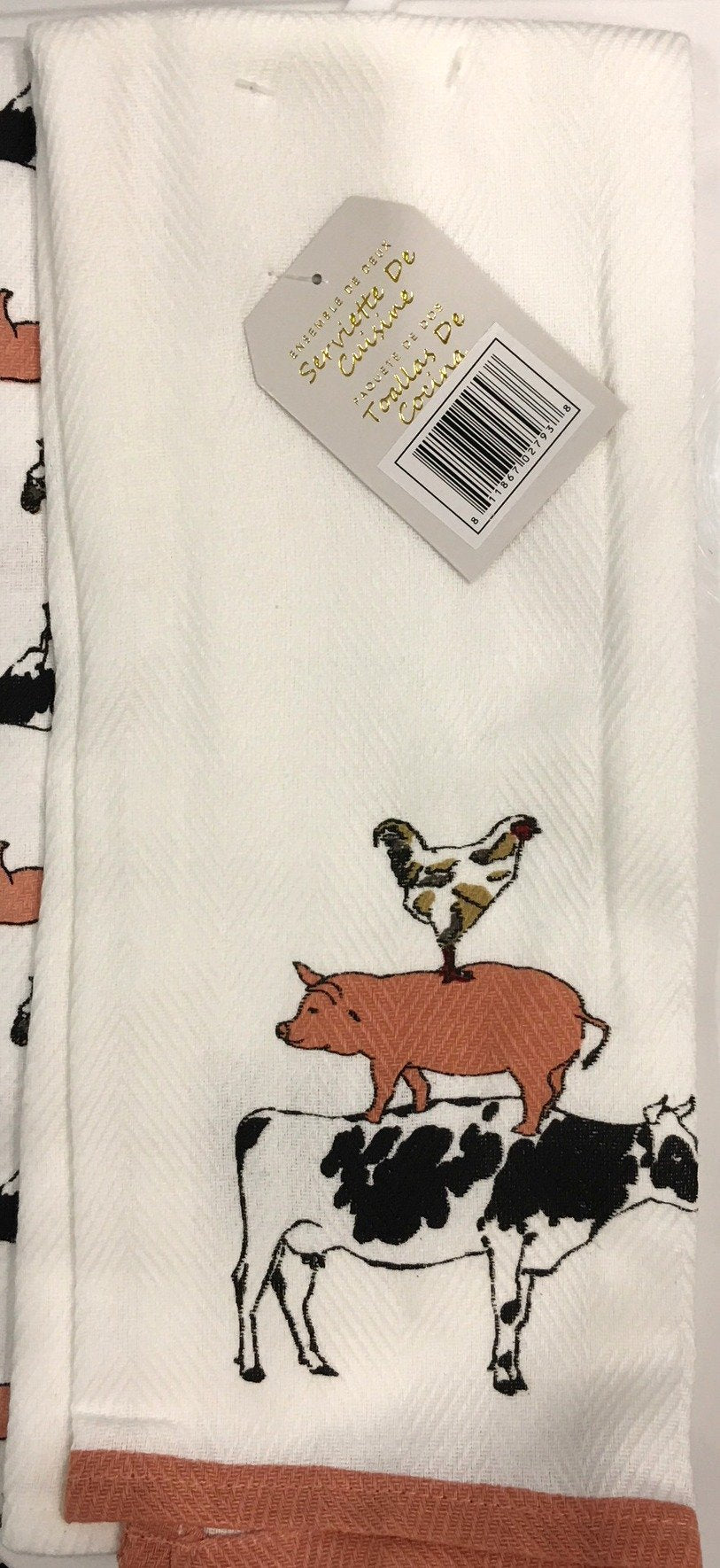 Serviette De Cuisine Chain Event ~ Cow/Pig/Chicken On White Country 2-Pc Kitchen Towels