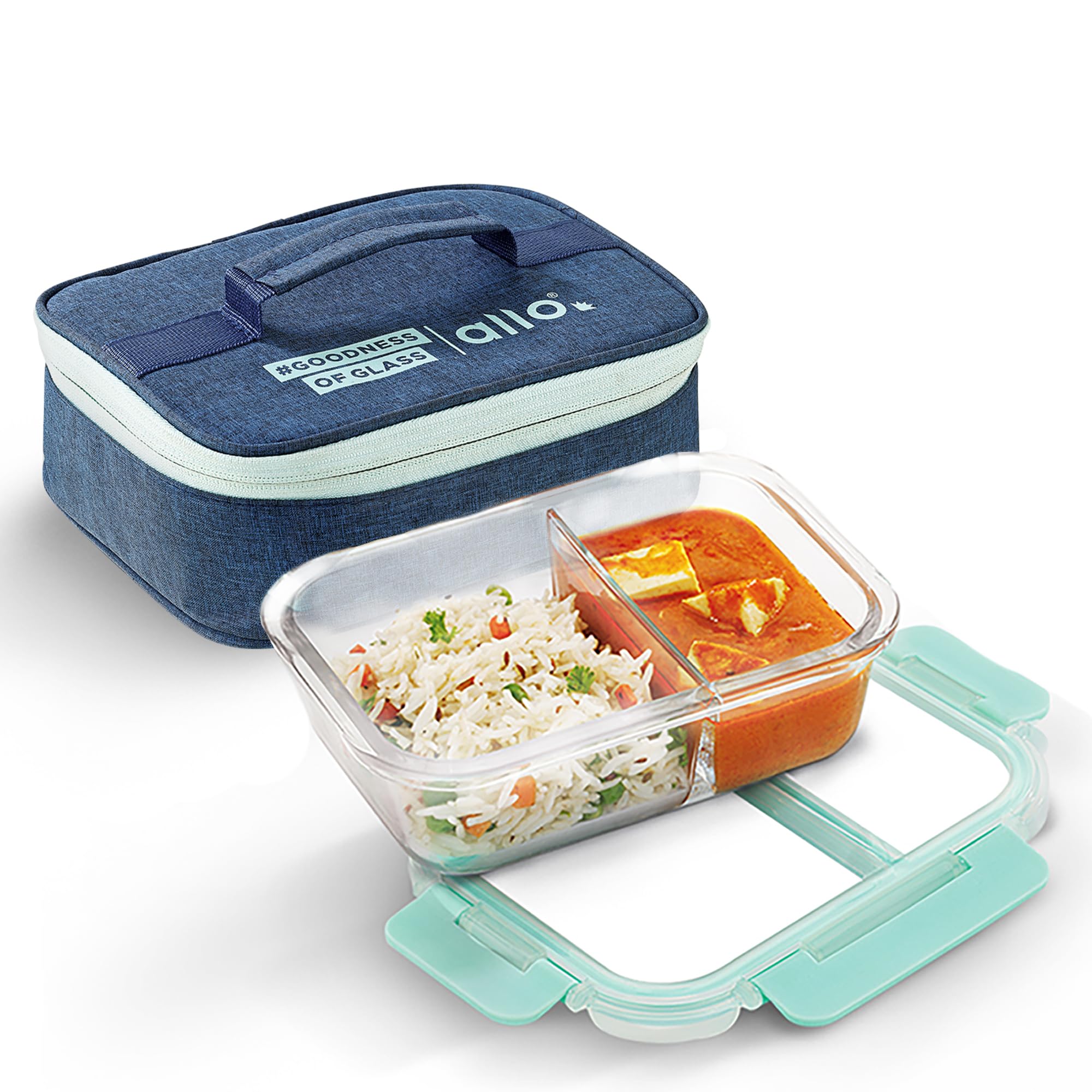 Allo Foodsafe Compartment Glass Lunch Box With Break Free Lock, Oven & Microwave Safe, Borosilicate Glass Container With Partiti