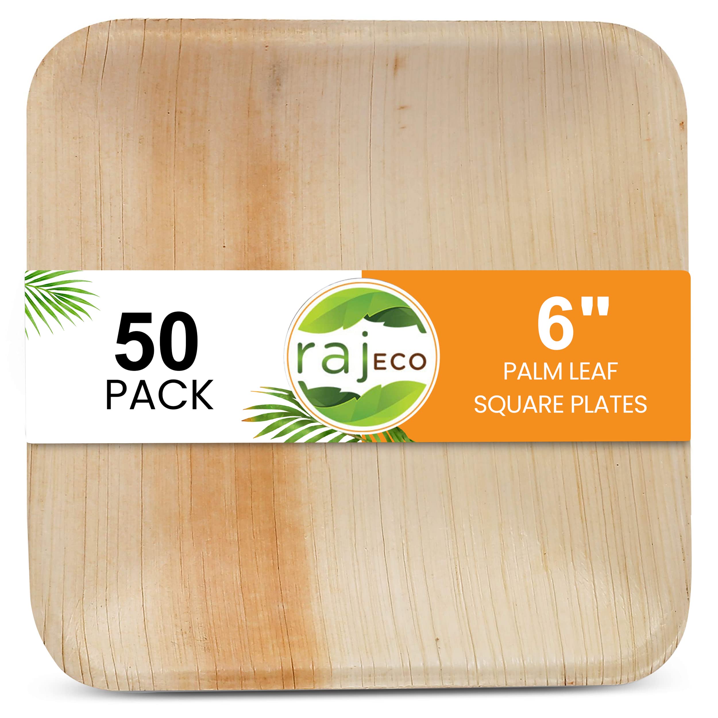Raj Eco Compostable Palm Leaf Plates Like Bamboo Plates Disposable - 6 Inch Square 50 Party Plates, Natural Wooden, Eco-Friendly