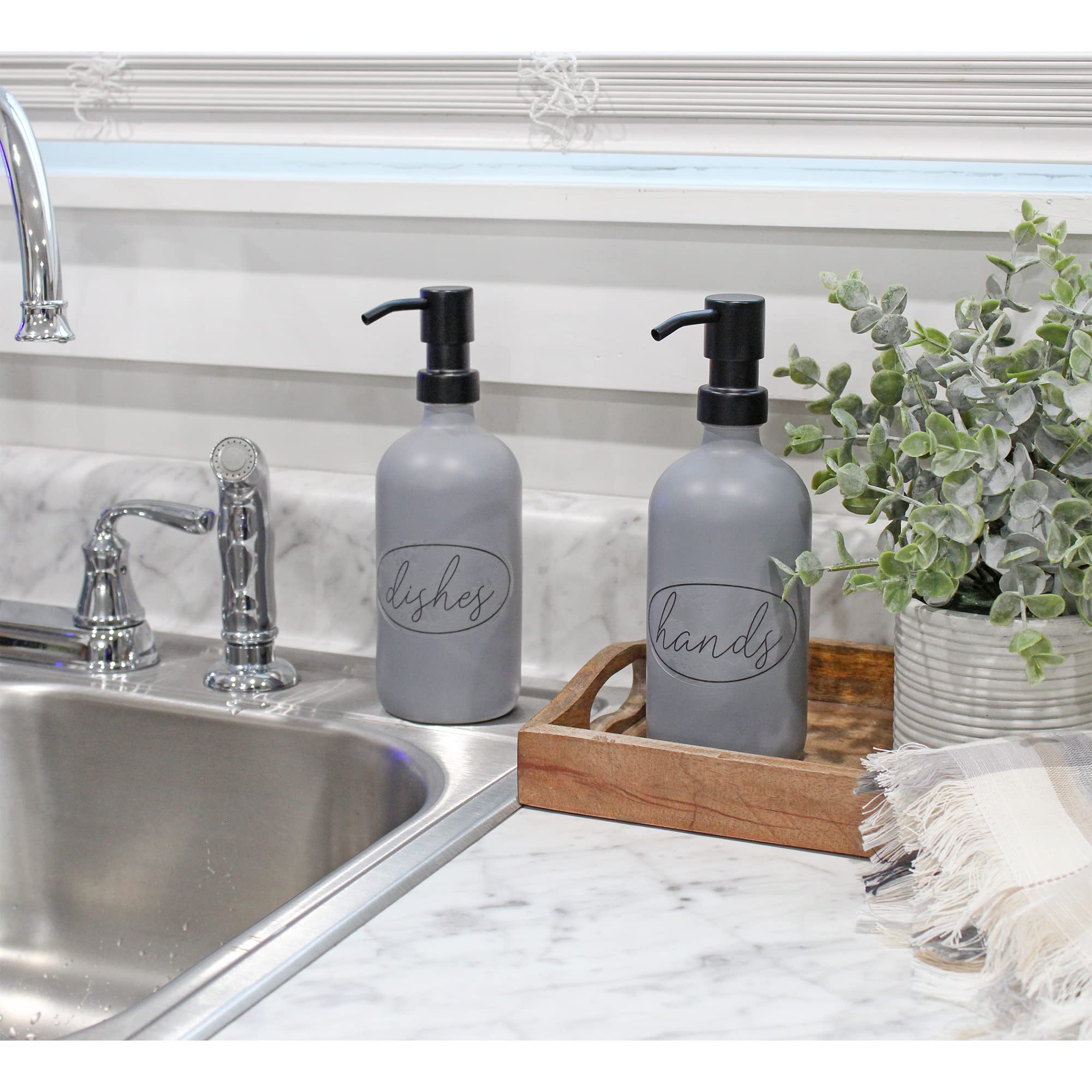 Darware 16Oz Glass Pump Bottles (Set Of 2, Gray W/Black); Soap Dispenser Pump Bottles With Brushed Metal Pump Tops