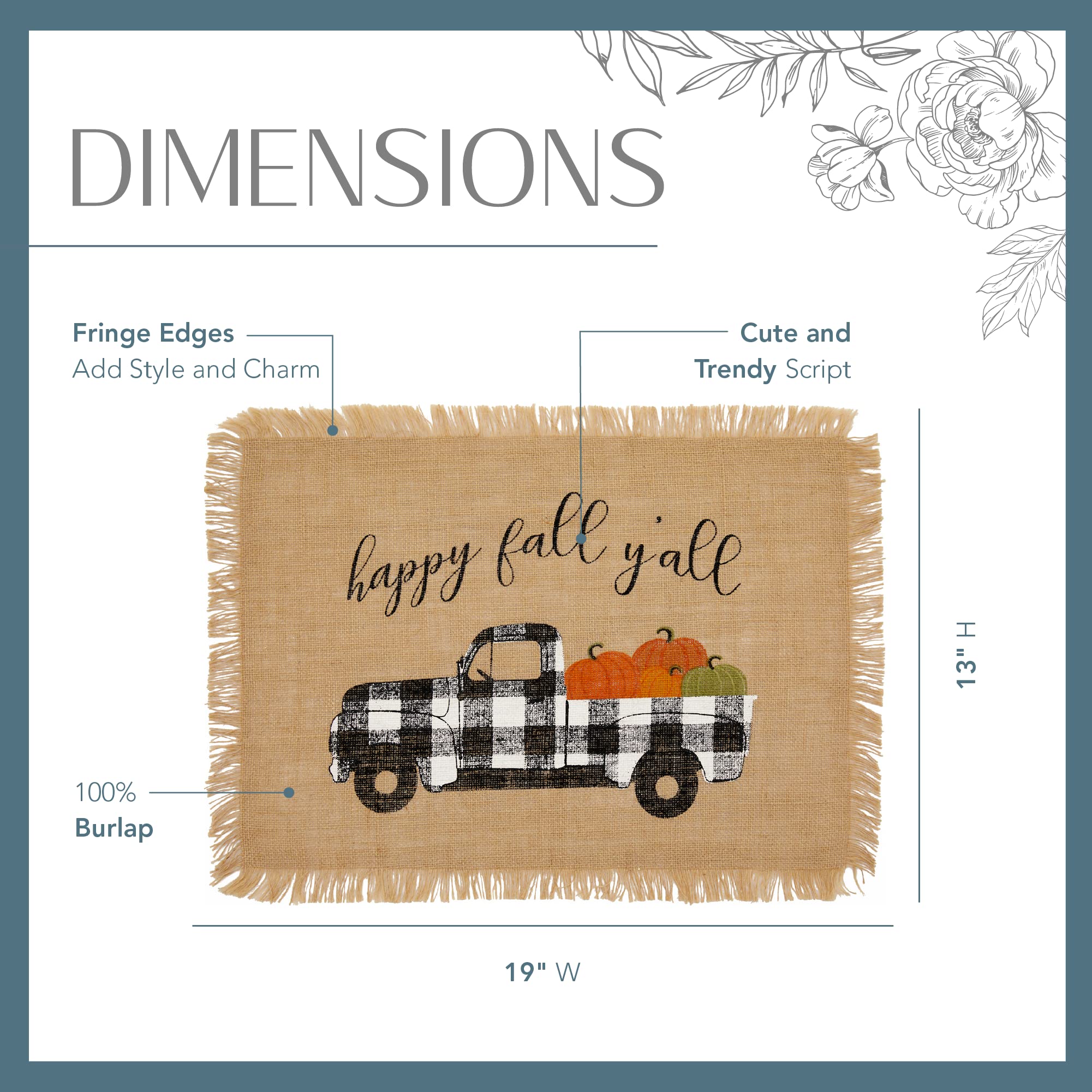 Elrene Home Fashions Happy Fall Y'All Autumn Burlap Set, 13'' X 19'', Placemats (Set Of 4), Multi