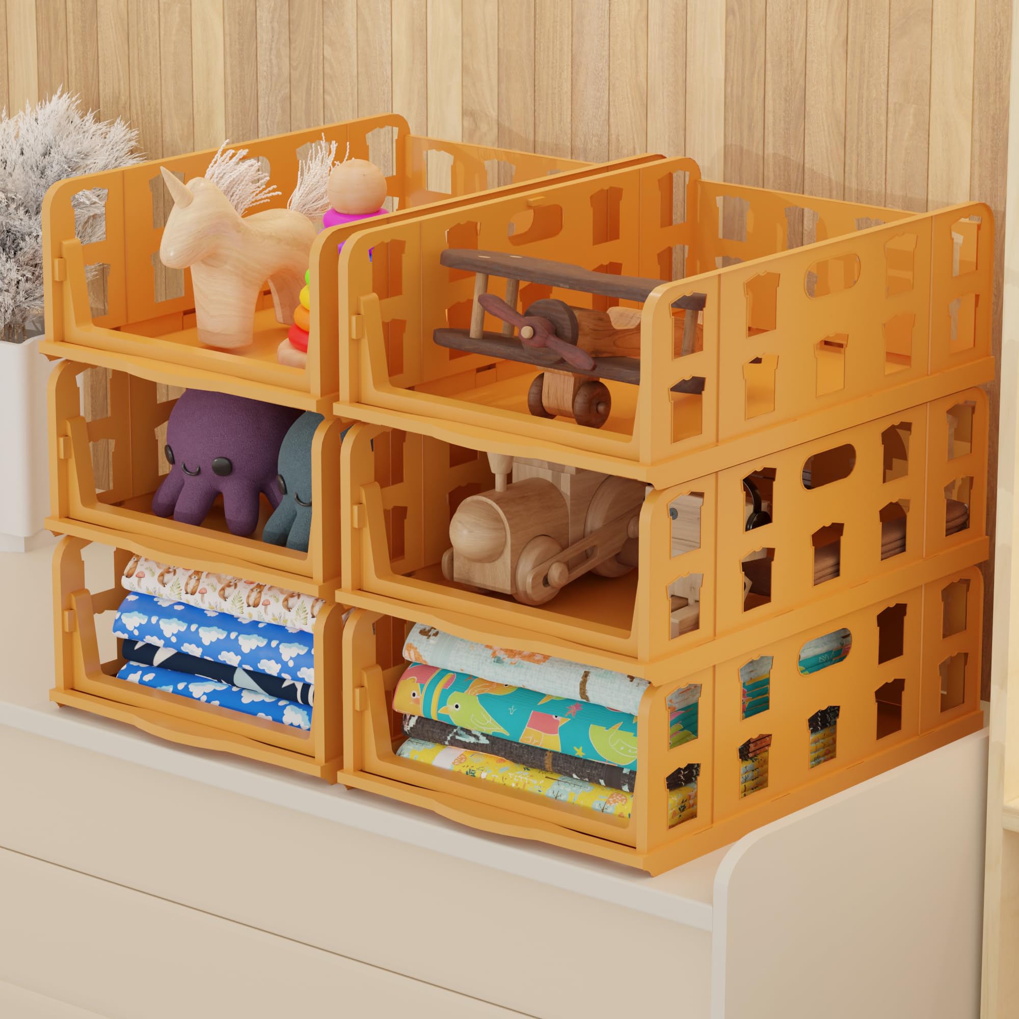 Kuber Industries 6 Pcs Foldable Kids Wardrobe Organizer For Clothes Storage | Stackable Slide Out Baby Dress Organiser For Wardr