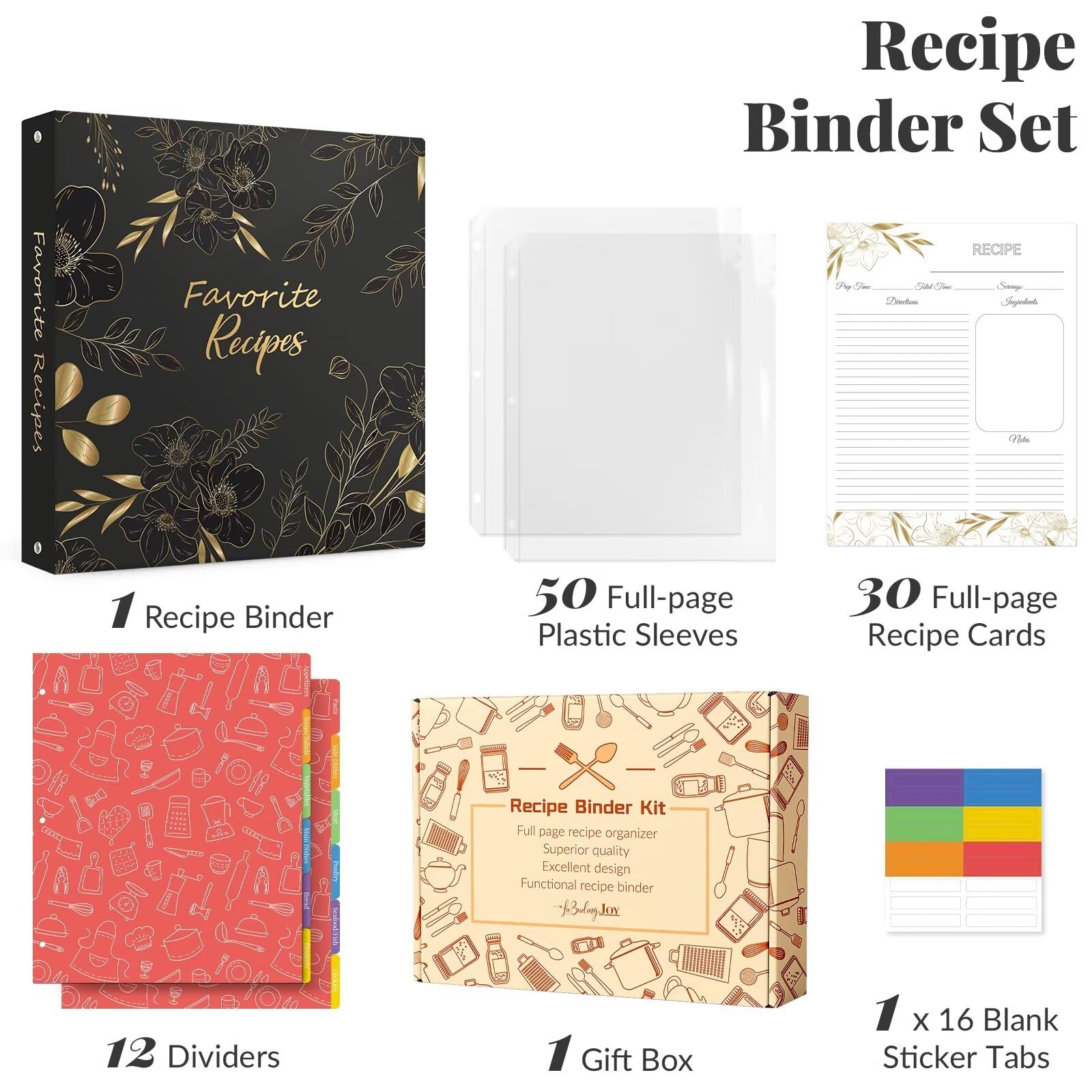 LuBudingJoy Recipe Binder - 8.5x11 Full Page Cards, Plastic Sleeves, Dividers, Black Floral Design