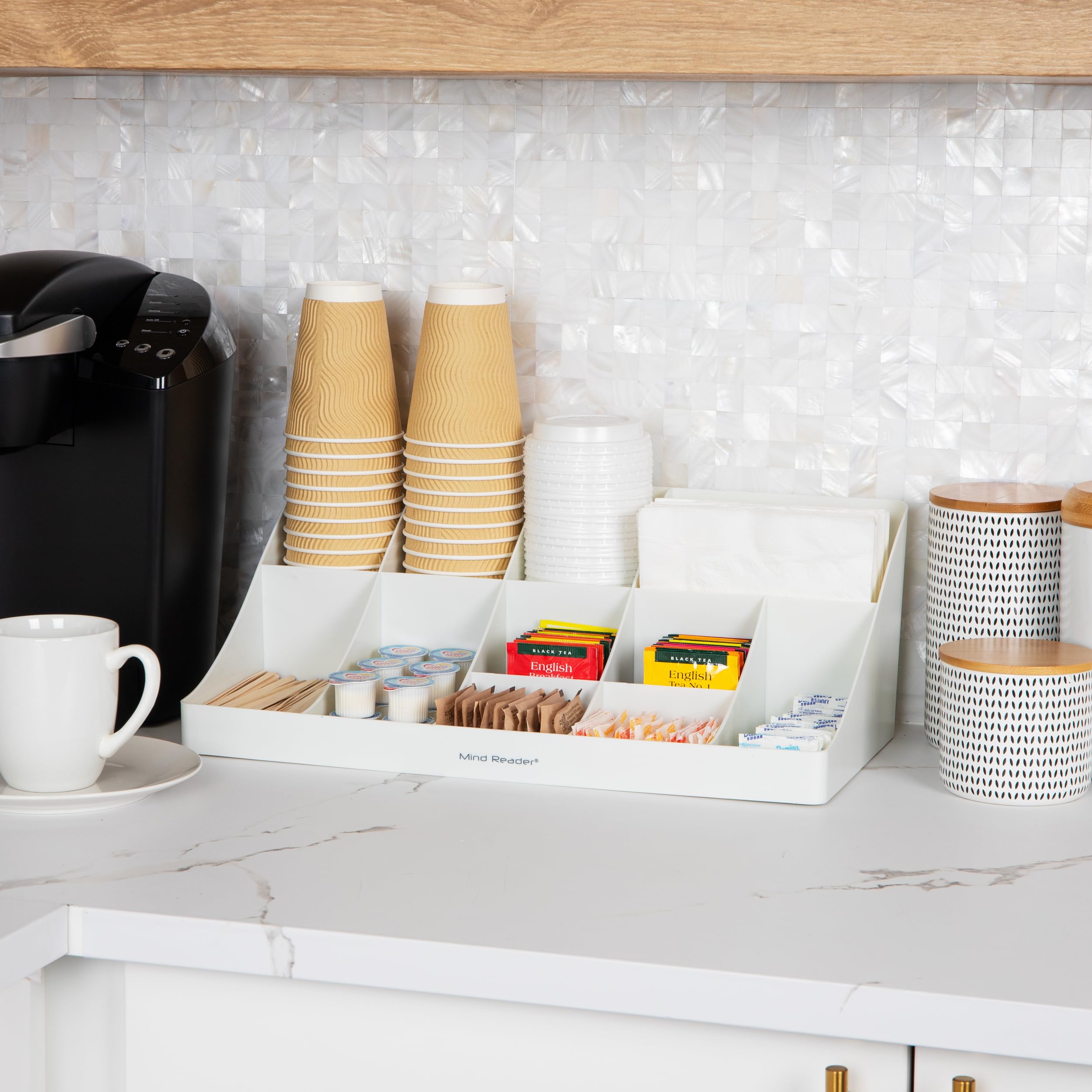 Mind Reader Cup And Condiment Station, Countertop Organizer, Coffee Bar, Kitchen, Stirrers, 17.875''L X 9.5''W X 6.625''H, White