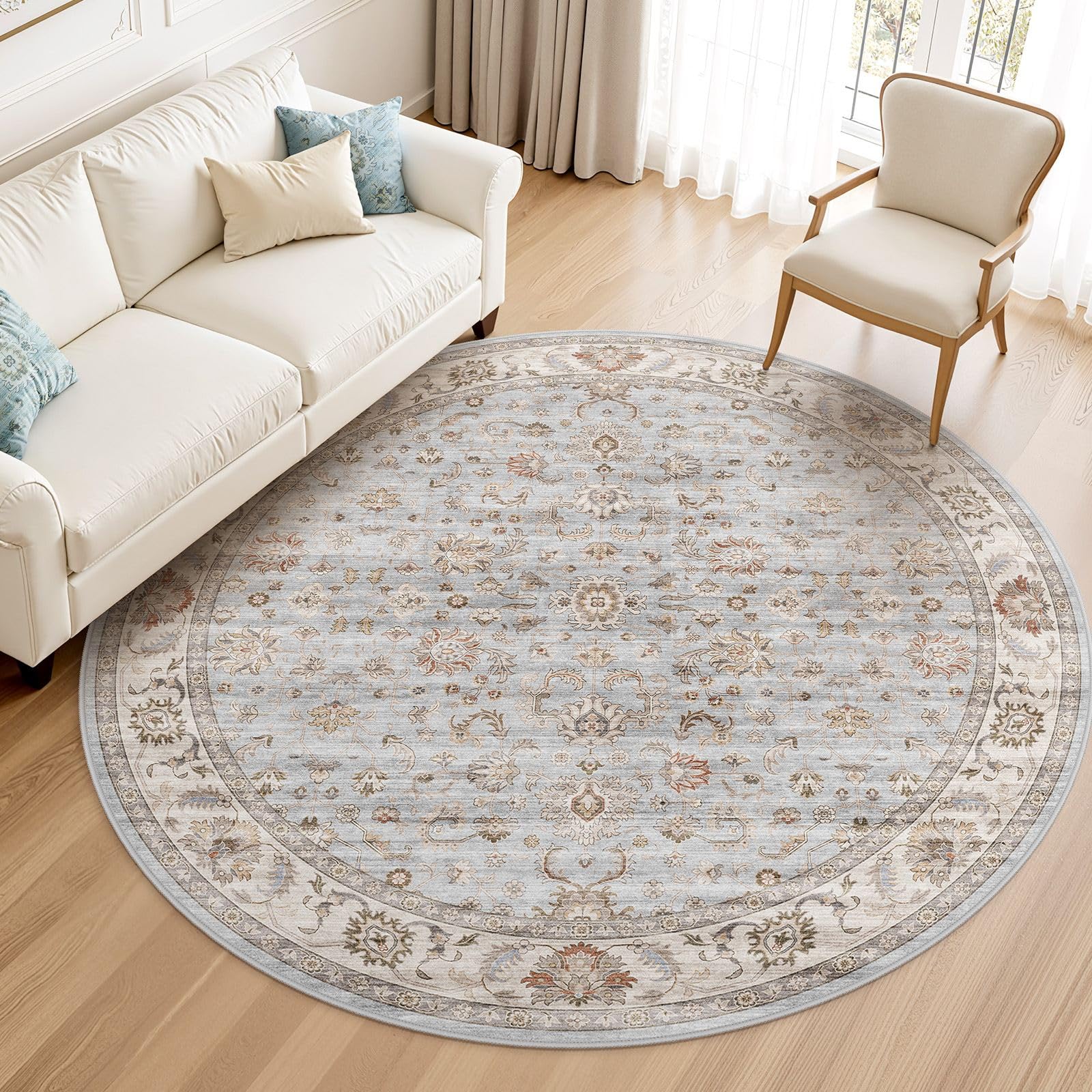WITSHOCK 8ft Round Area Rugs for Living Room: Non-Slip Washable Vintage Soft Large Circle Rug - Soft Low Pile Carpet for Bedroom