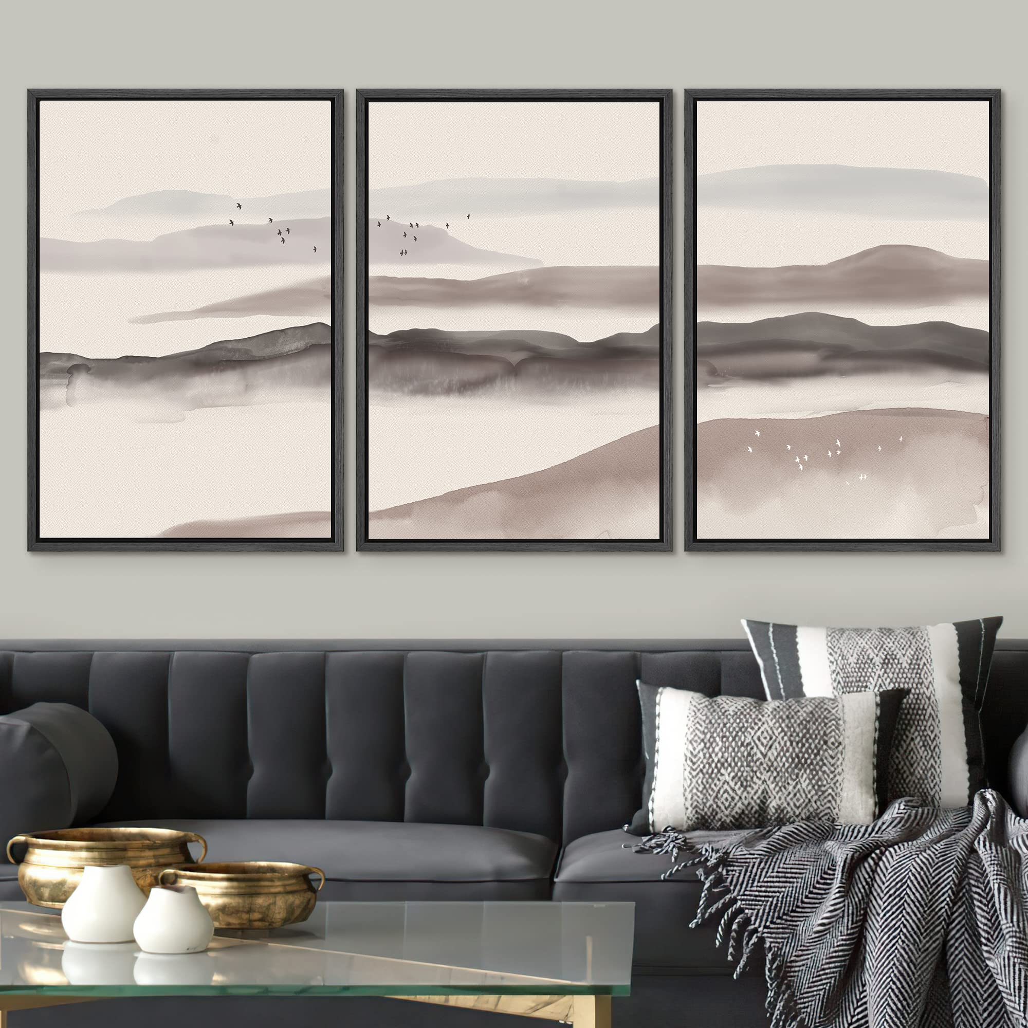 Signwin Framed Canvas Print Wall Art Set Dark Pastel Misty Mountain Range Nature Wilderness Illustrations Modern Art Decorative