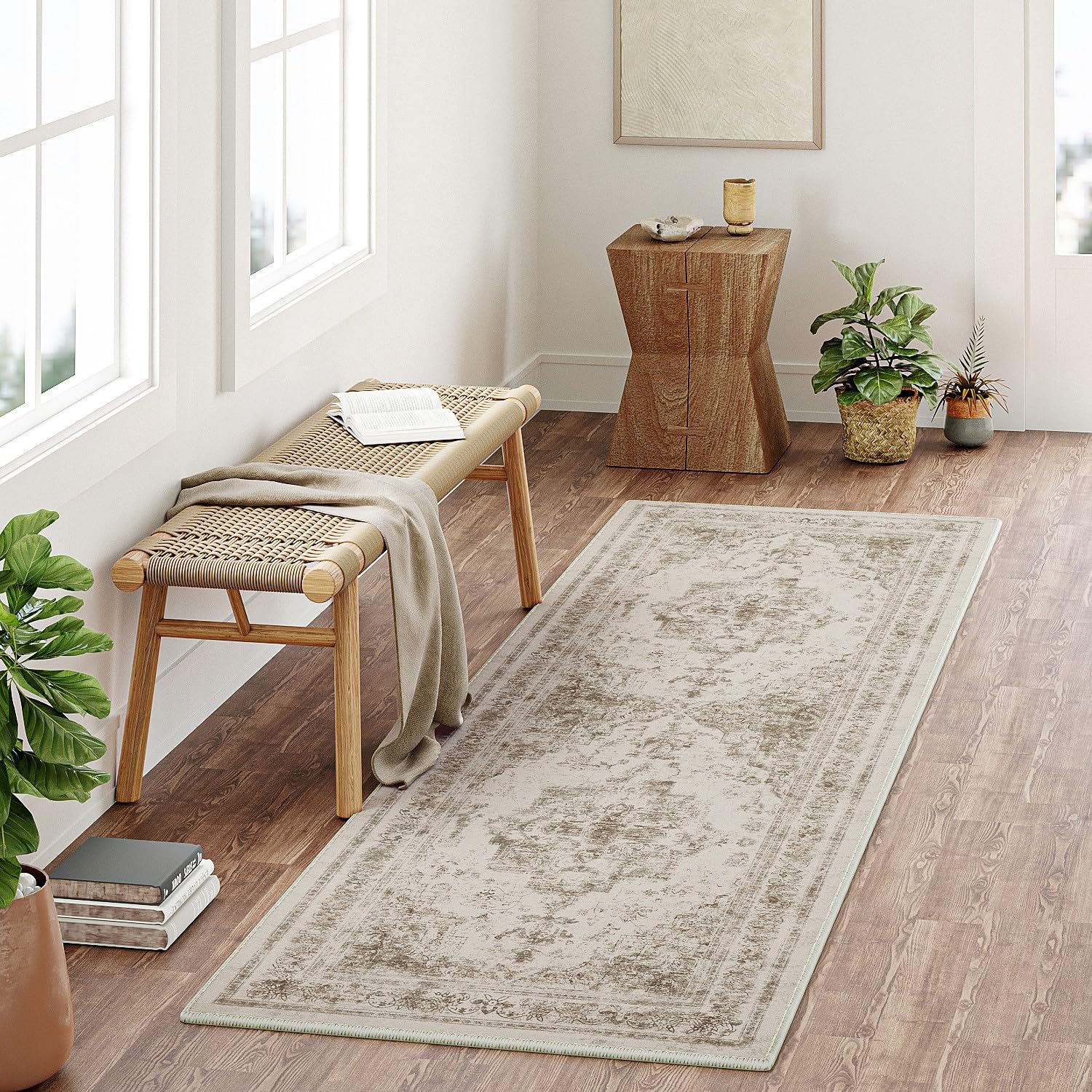 PureCozy Runner Rug 2x6 Vintage Hallway Area Rug Kitchen Indoor Bedroom Rug Taupe Medallion Washable Living Room Carpet Retro Ac