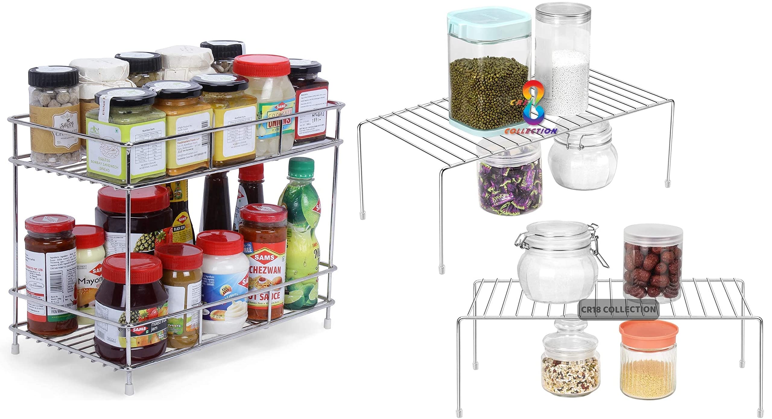 12For Collection Big Size 2 Layer Stainless Steel Spice Rack  Modular Storage Rack  2Pcs Expandable Dish Rack Shelves For Kitc