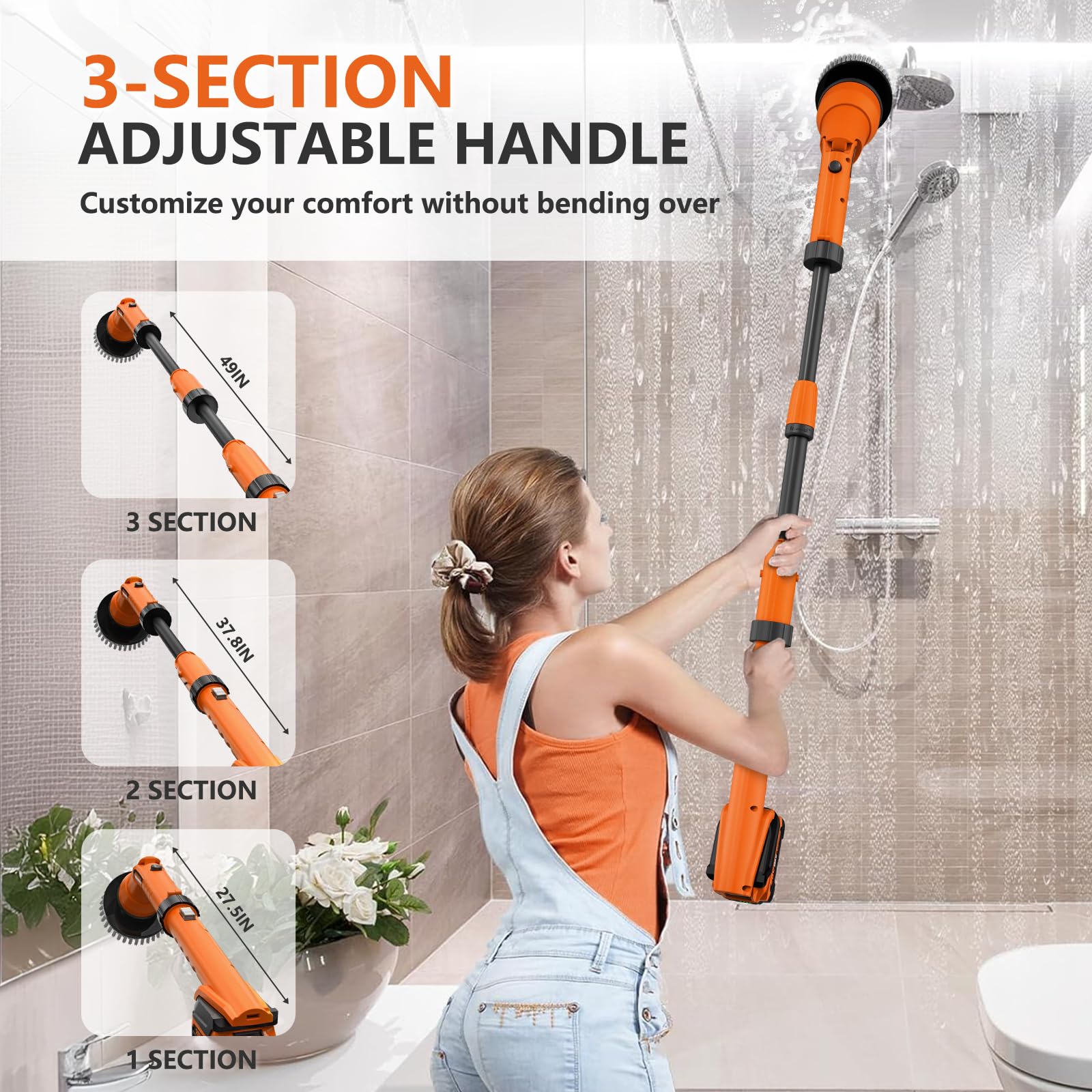 1000RPM Electric Spin Scrubber  20V Cordless Cleaning Brush with Adjustable Extension Arm  4 Replaceable Cleaning Heads  Hook and Gloves  1 Hour Fast Charge  Waterproof - for Bathroom/Tub/Tile/Floor