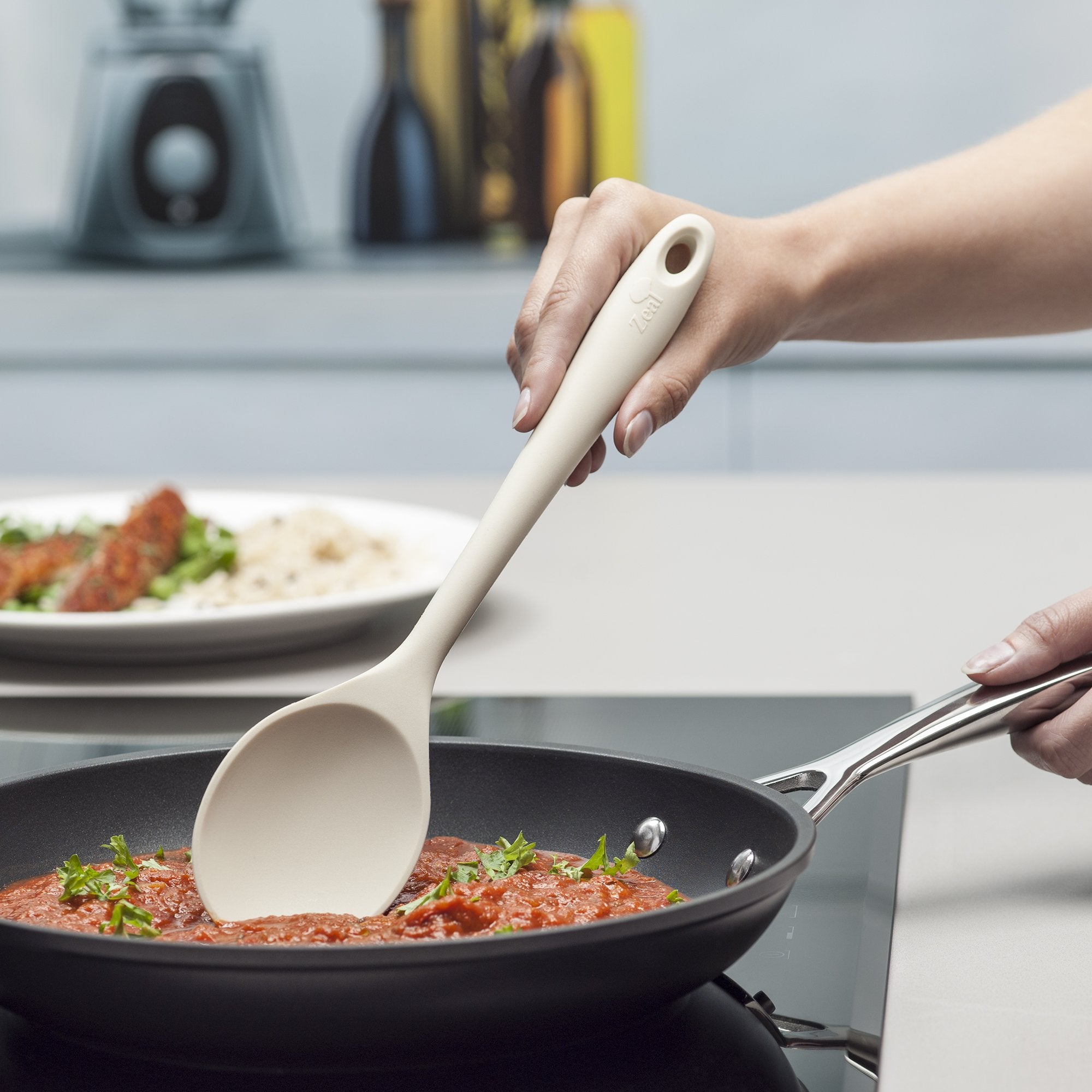 Zeal Scratch Non-Stick Cooking Spoon (28Cm), Silicone, Cream, 11-Inch