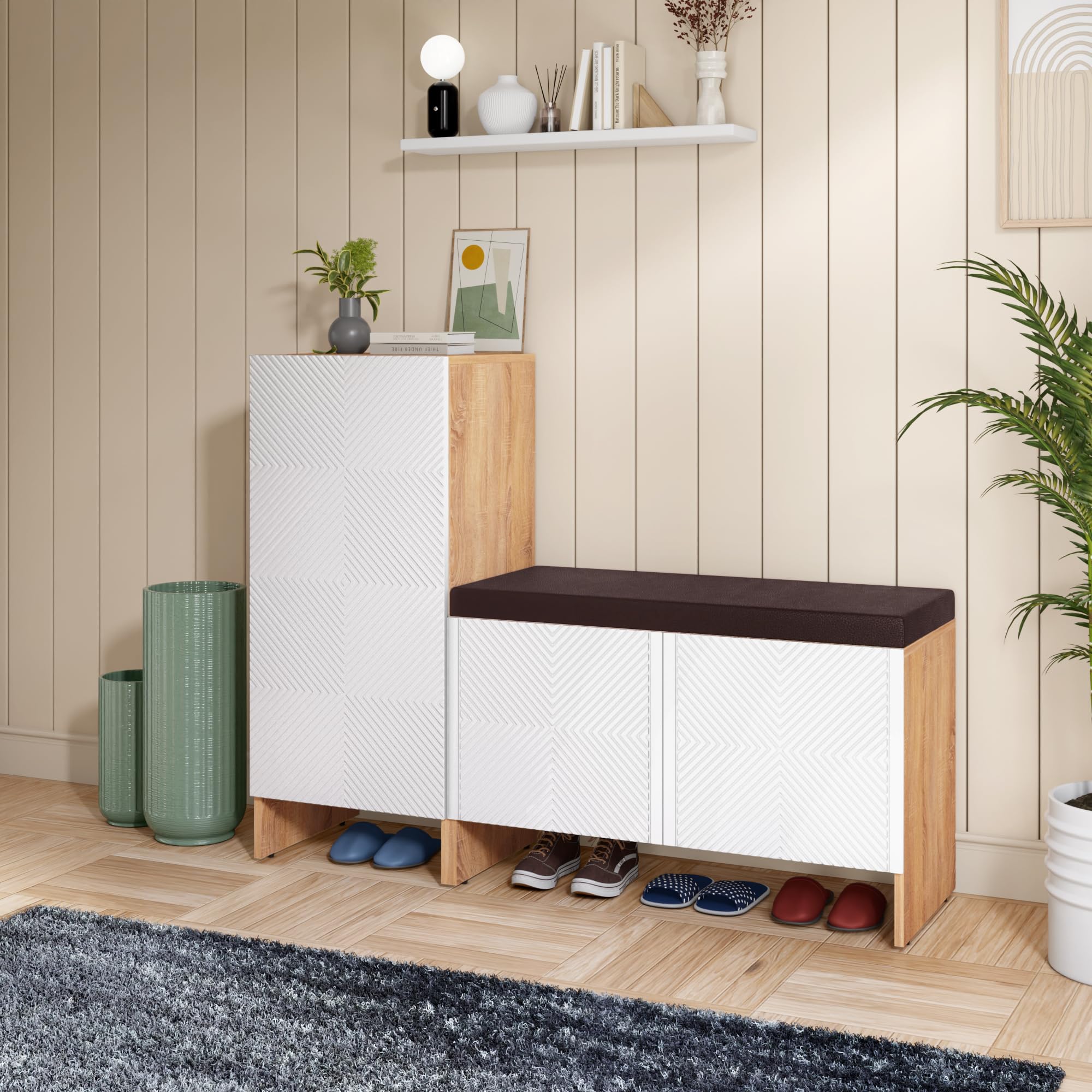 Rocco Engineered Wood Trudo Modular Shoe Cabinet (10 Pair + 12 Pair Seat Cabinet), White