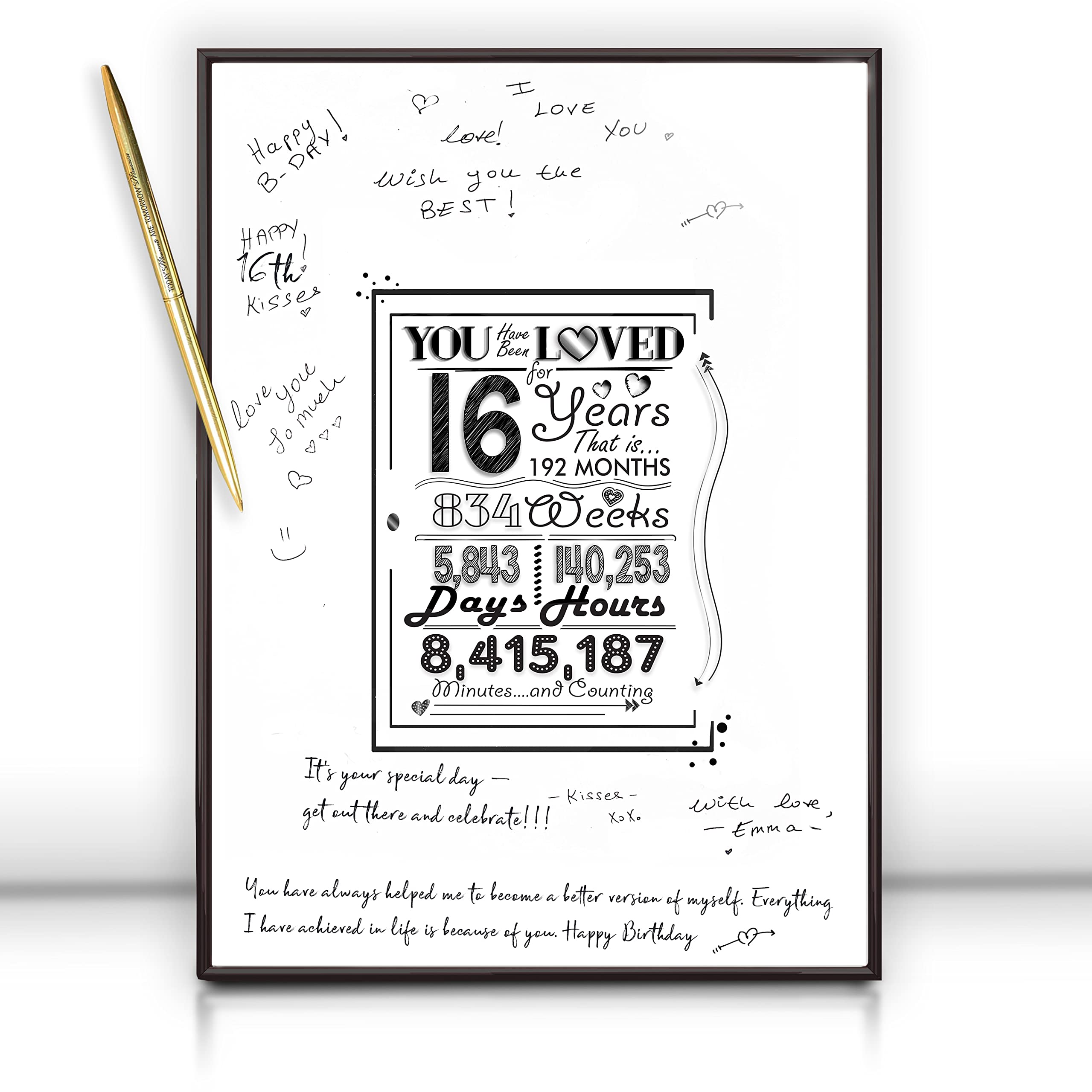 Framed Sweet 16 Birthday Decorations For Boy Or Girl 12 ''X16 '' With Pen & Wall Hanger, 16Th Birthday Decorations Party Favor S