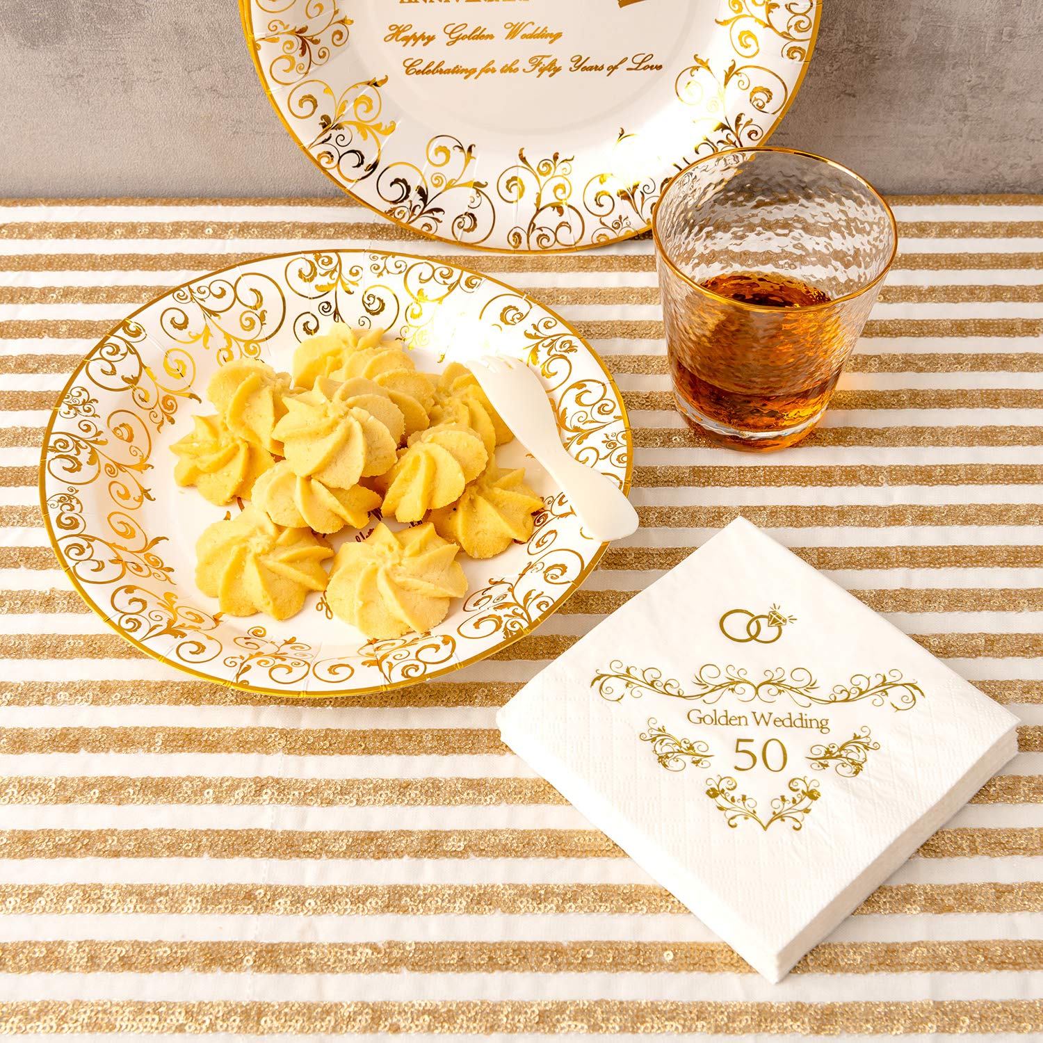 Crisky 50Th Anniversary Gold Plates, Golden Wedding Anniversary Party Decorations Dessert, Buffet, Cake Disposable Plates, Celeb