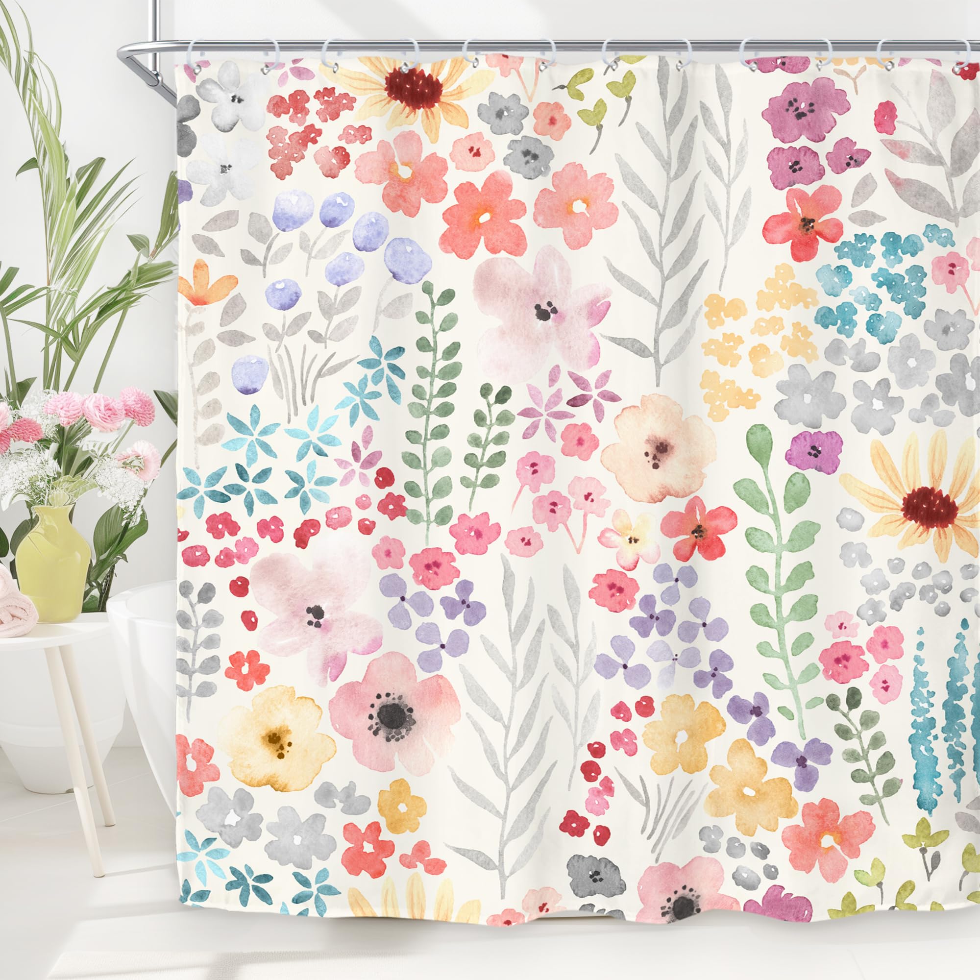 Riyidecor Small Stall Narrow Cute Floral Flower Shower Curtain For Bathroom Decor 54Wx78H Rustic Nature Spring Botanical Plant W