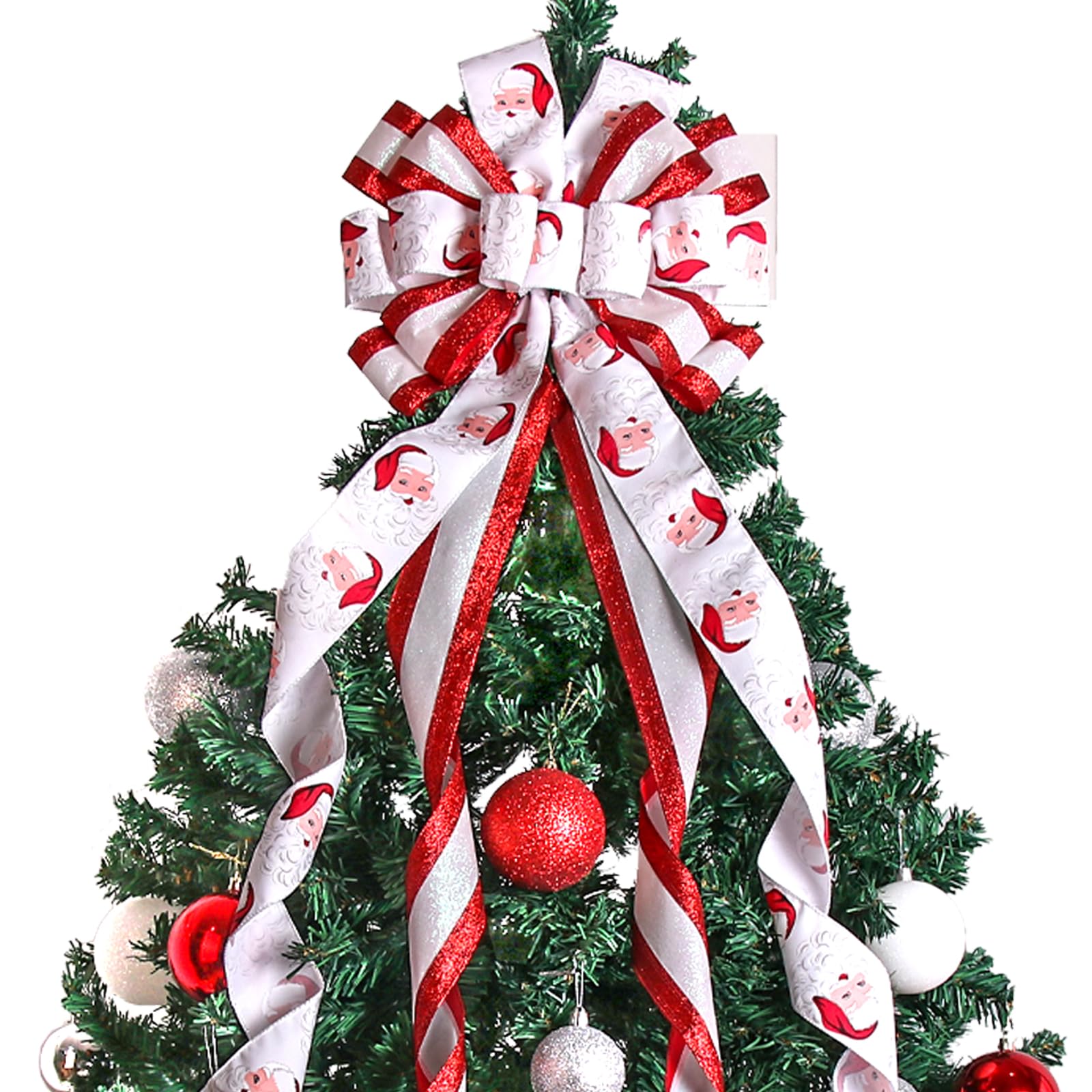 Christmas Tree Topper Christmas Wreath Bow, 52 * 13 inches Tree Toppers Bow withSanta Claus Patterned Ribbon for Xmas Tree Chris