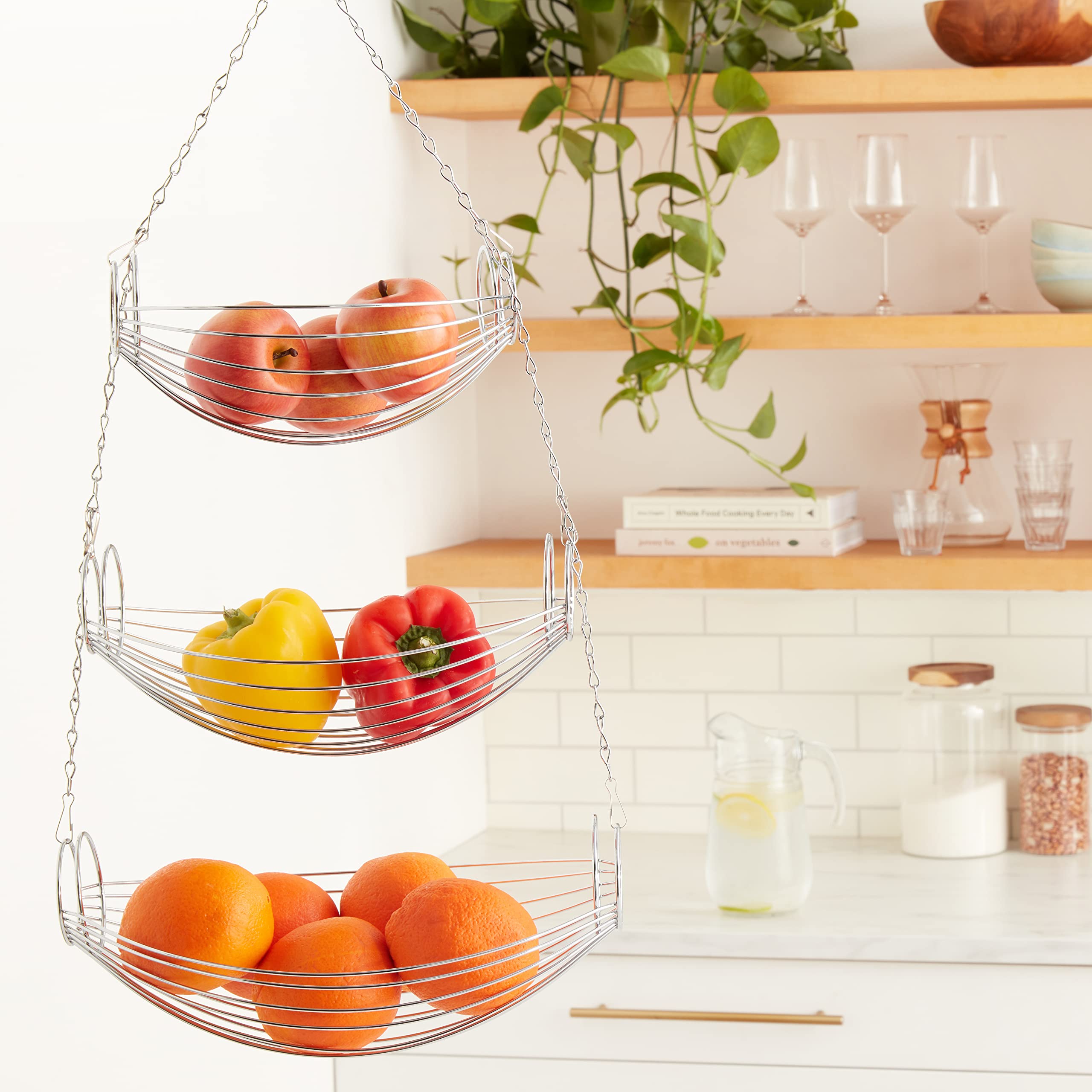 3 Tier Fruit Bowl Fruit Basket For Kitchen, Hanging Kitchen Storage Organizer, Detachable Design Chrome Wire With Metal Ceiling