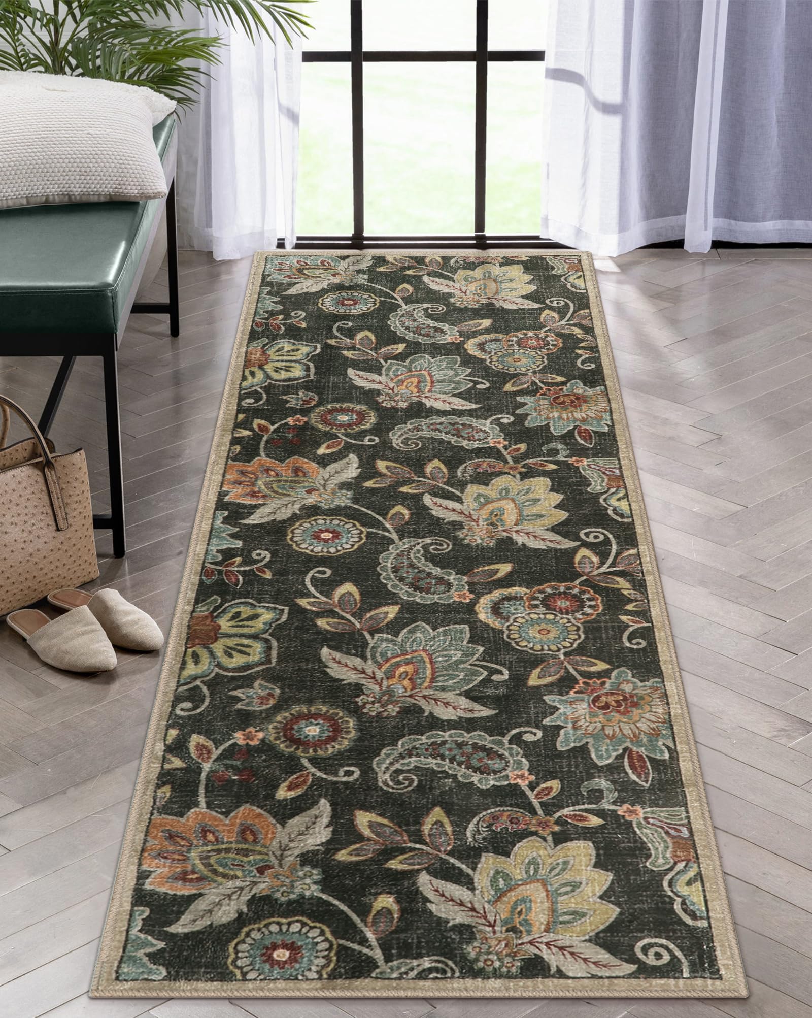Morebes Floral Rug Runners for Hallways 6 Feet Non Slip,Paisley Runner Rug for Entryway Indoor,Washable Bath Mat Distressed Indo