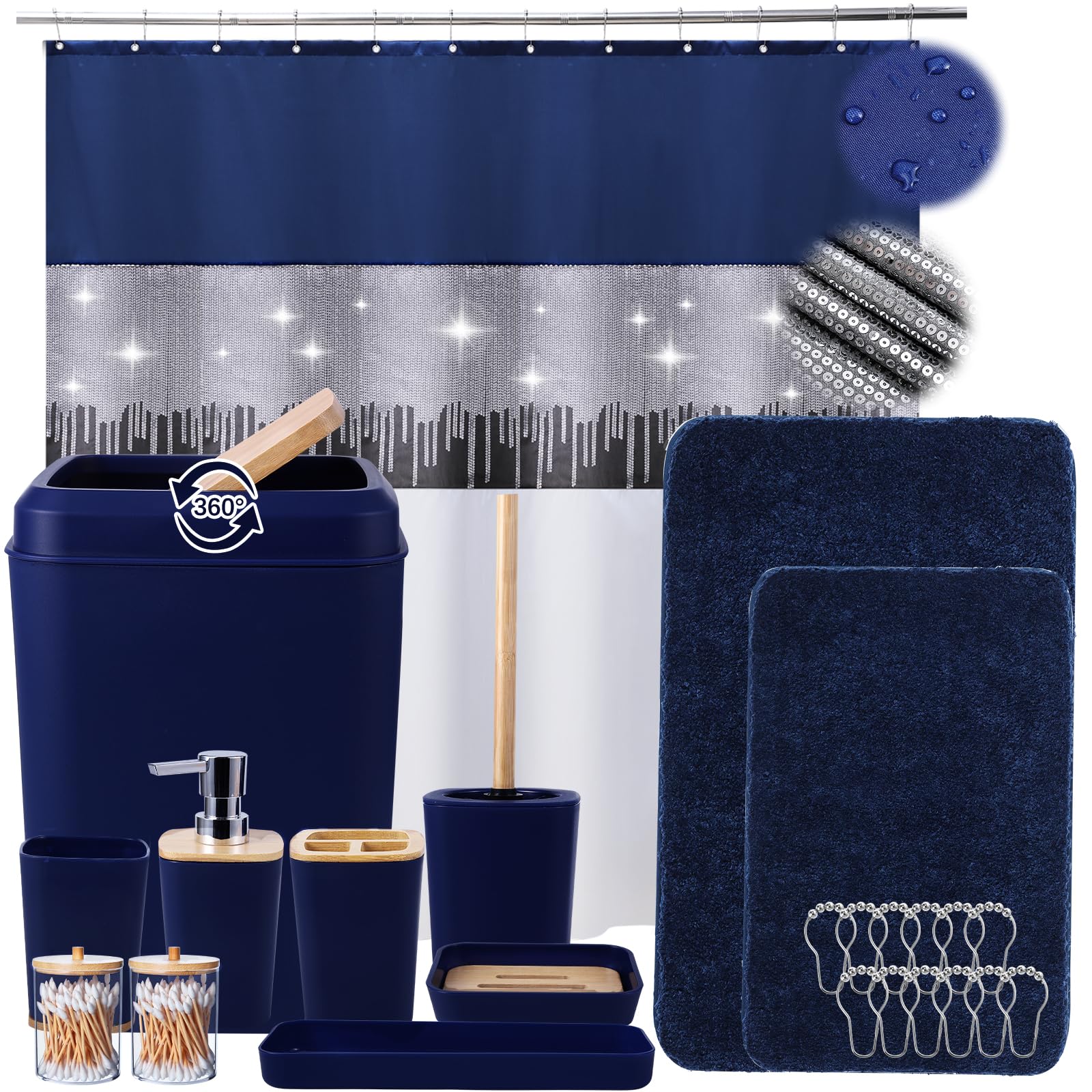 24Pcs Bathroom Sets With Shower Curtain And Rugs, Navy Blue Bathroom Accessories Set Navy Blue Shower Curtain Set Bathroom Acces