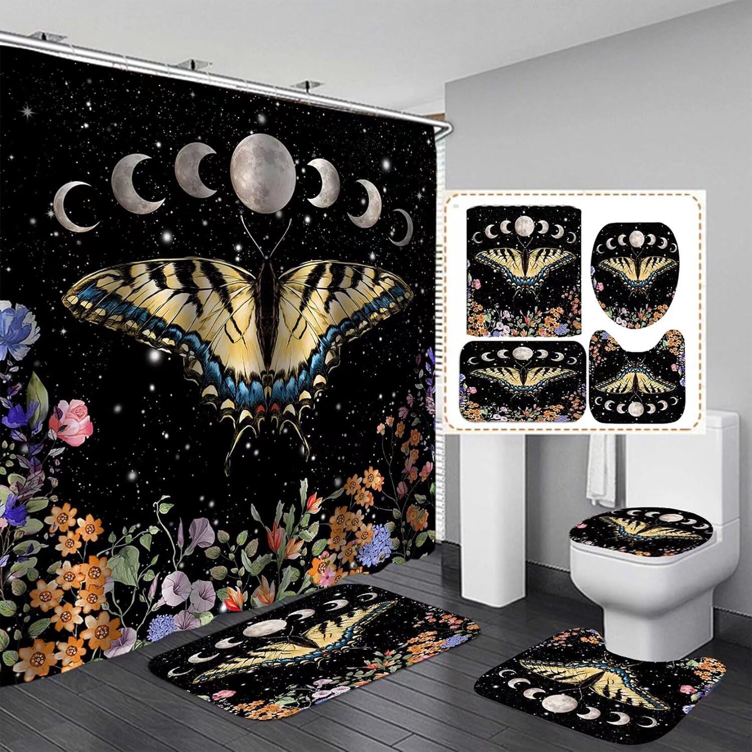 Pretyw 4 Pcs Black Butterfly Moon Shower Curtain Set Vintage Aesthetic Gothic Bathroom Set With Floral Plants Bathroom Set With