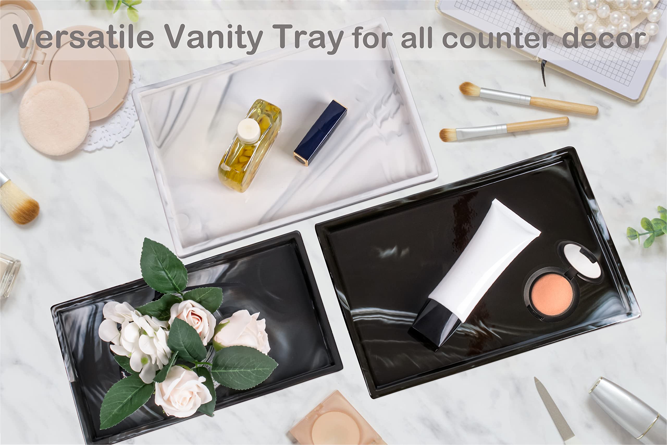 Bathroom Tray Goporcelain Marble Tray for Bathroom Counter Decor Ceramic Perfume Organizer Vanity Tray for Dresser Jewelry Dish Key Plate Rectangle Marble Sink Trays Countertop Organizer Black Large