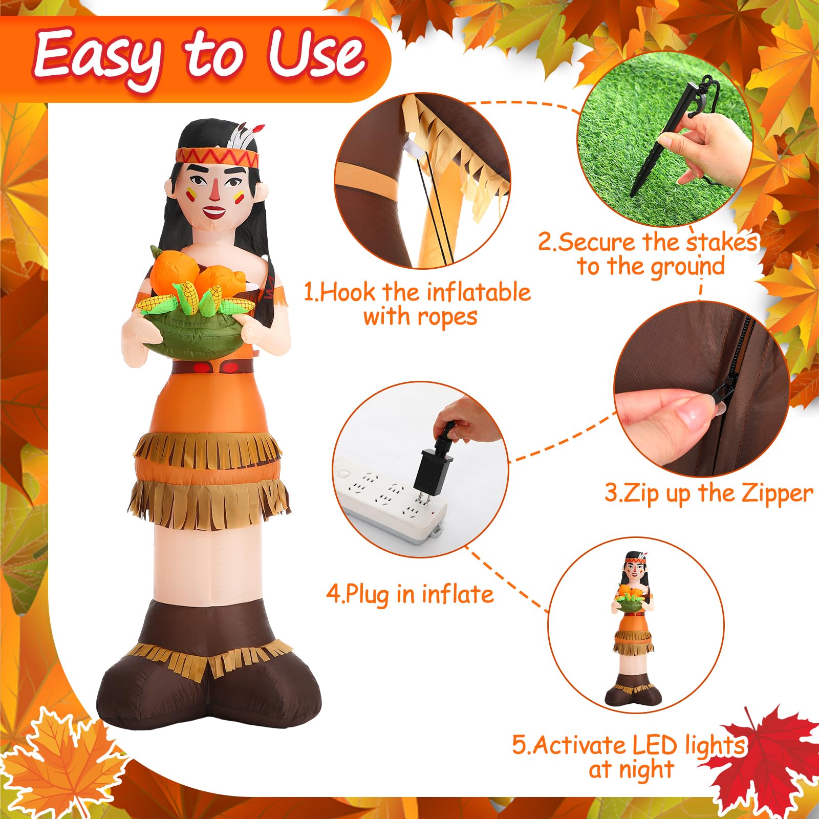 Leyndo 6ft Thanksgiving Harvest Native American Inflatable Outdoor Decorations Indian Man & Woman Combo Blow up Decoration with