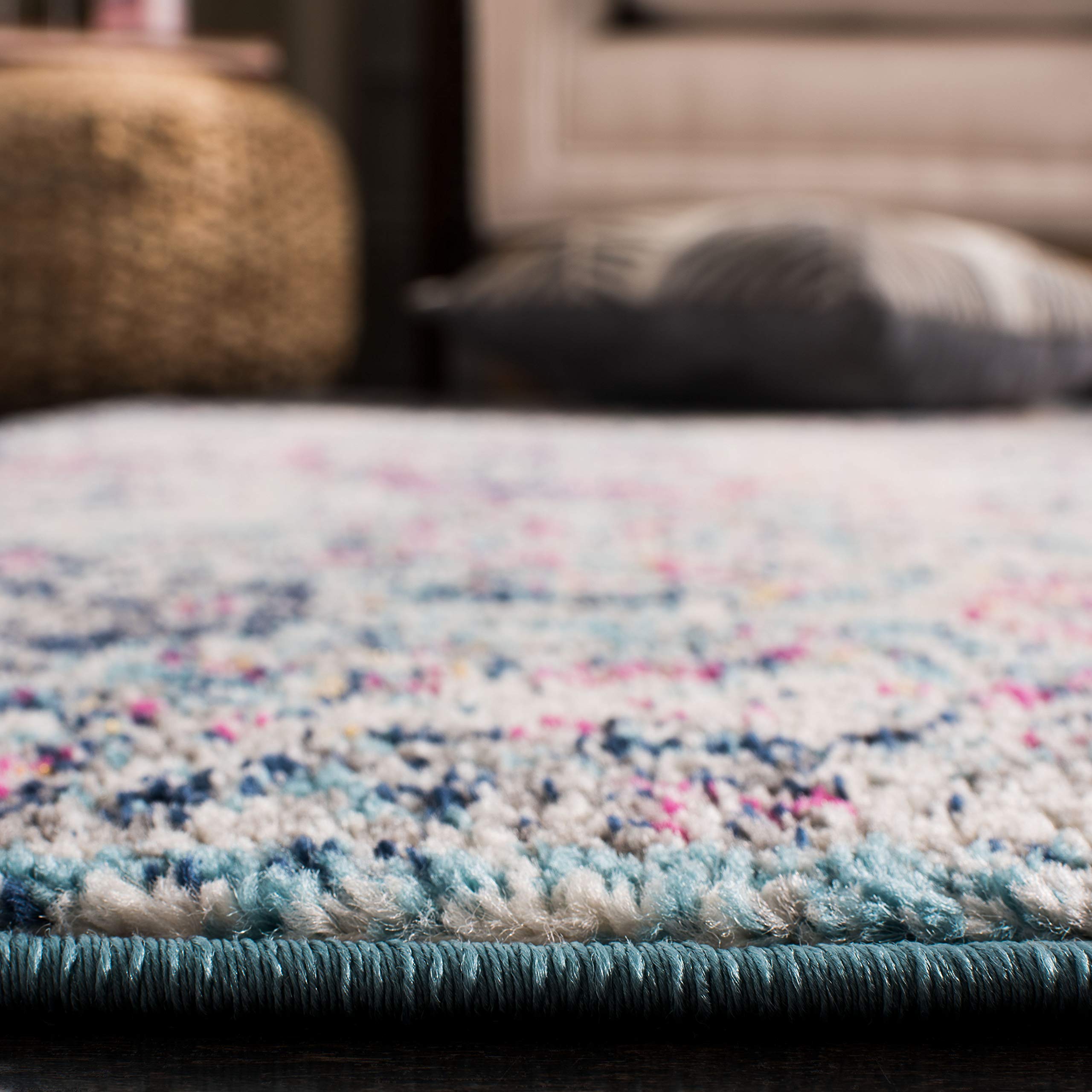 SAFAVIEH Madison Collection Area Rug - 10 Square, Navy & Teal, Boho Chic Distressed Design, Non-Shedding & Easy Care, Ideal for