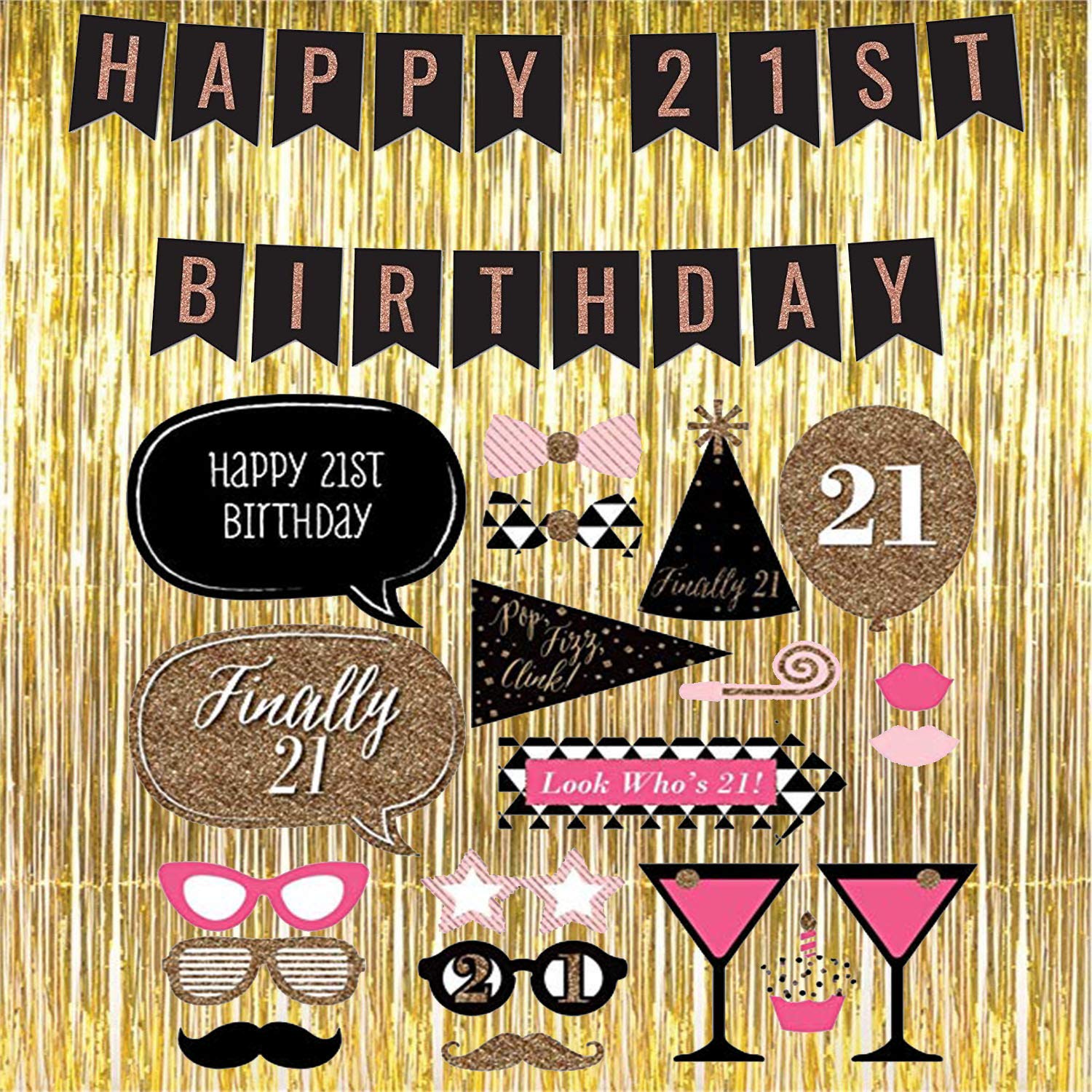 Festiko 21st Birthday Decoration Combo (20pcs Photo Booth Props+1 Set Happy 21st Birthday Photo Banner+1pcs Golden Foil Curtains