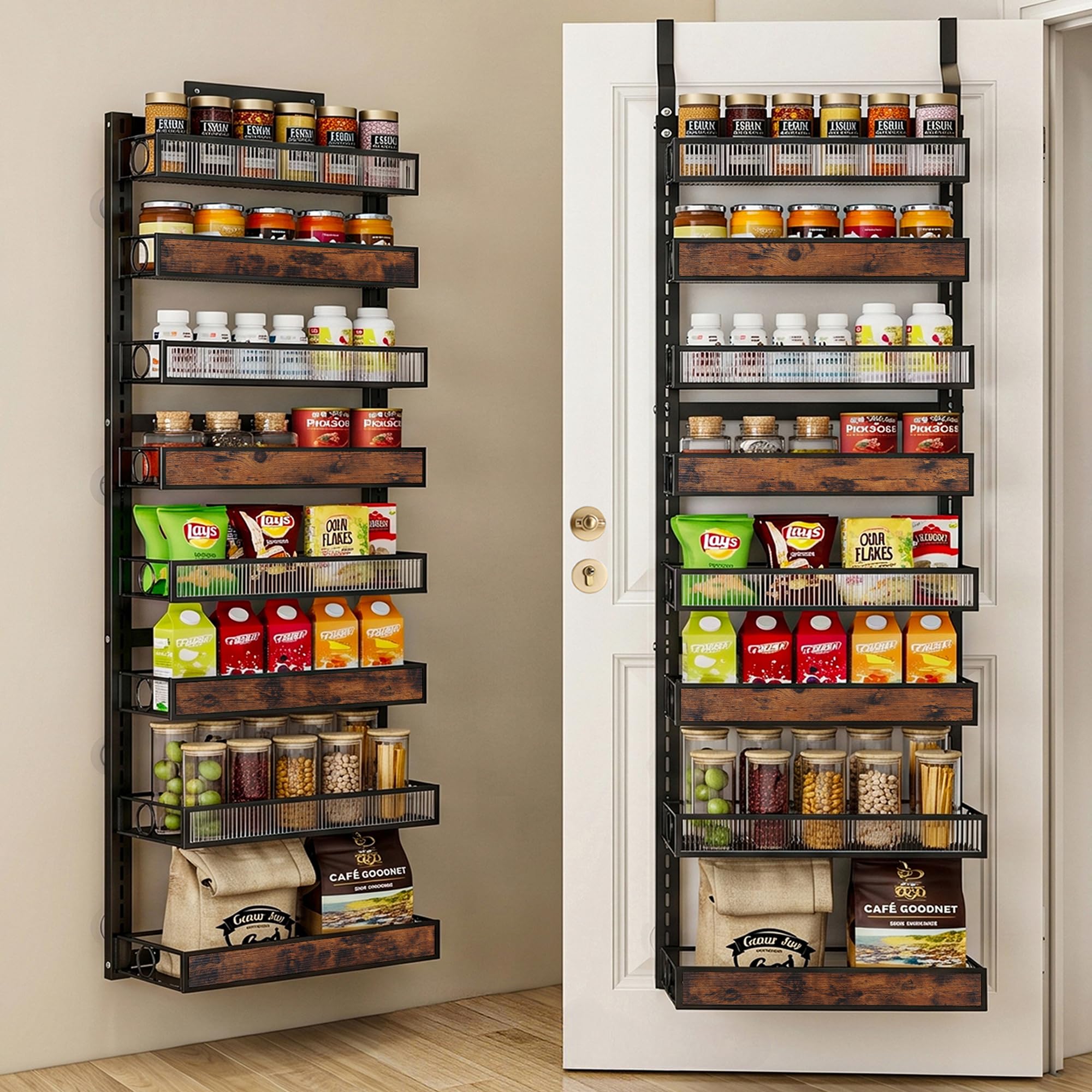 8 Tier Pantry Door Organizer Spice Rack, 2IN1 Wall Mount or Hanging Over Door Seasoning Organizer with Adjustable Baskets, Hea