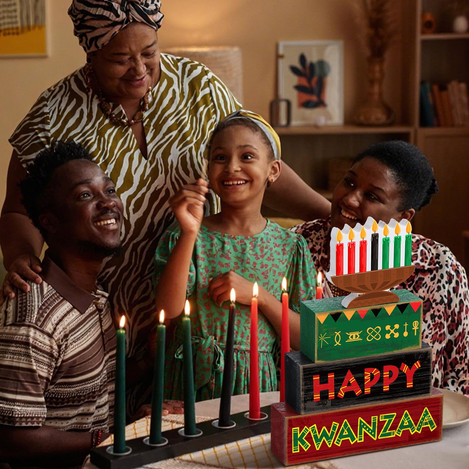 Yuntau 4 Pcs Happy Kwanzaa Table Decorations Kwanzaa Tiered Tray Decor Rustic African Candlestick Wood Block Tabletop Sign Gift