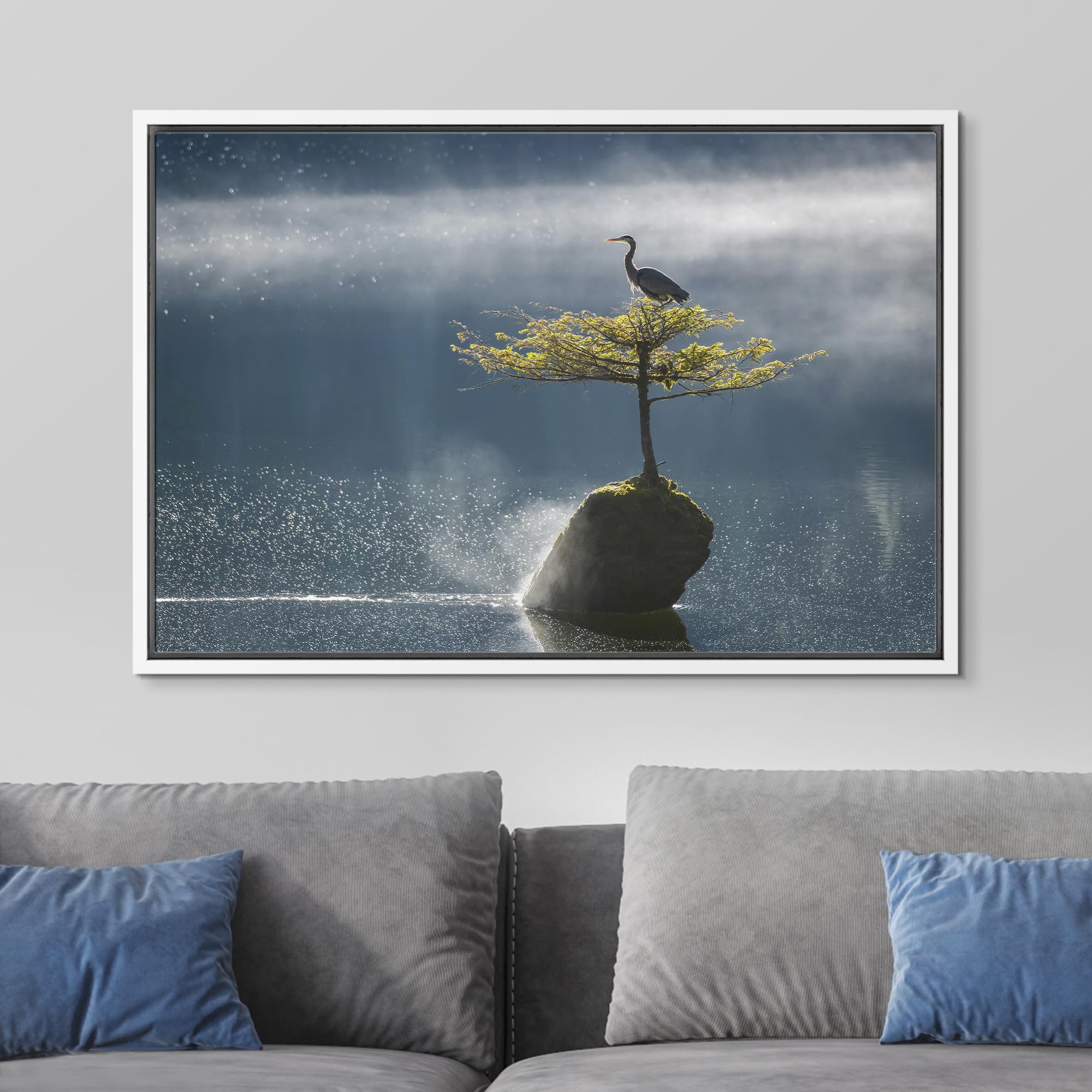 Wall26 Framed Canvas Print Wall Art Solitary Bird On Tree In Misty Lake Animals Photography Realism Rustic Scenic Landscape Wild