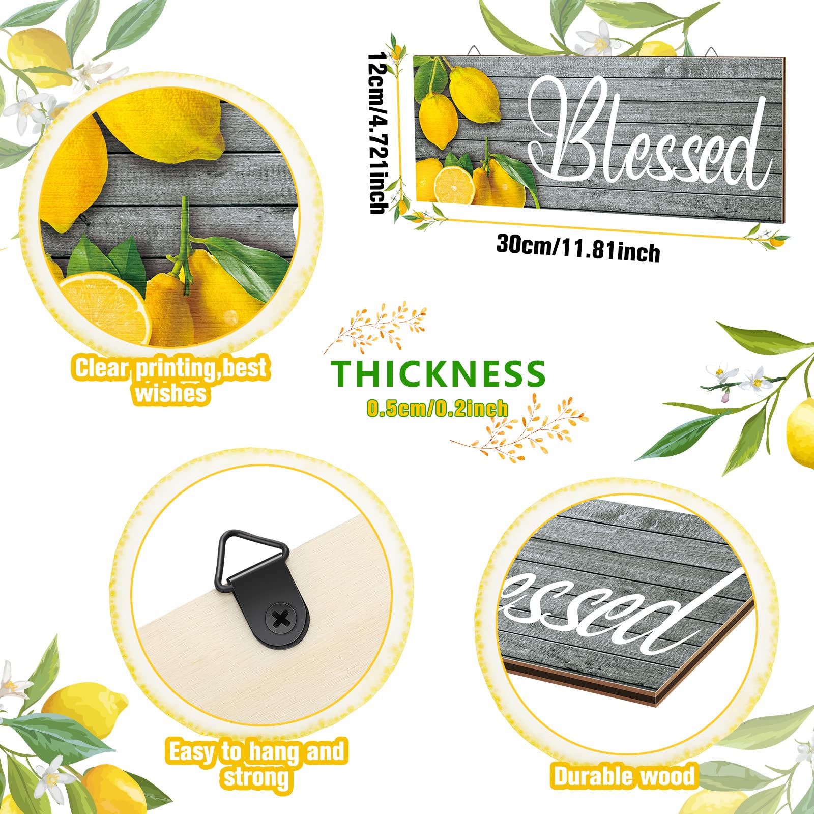 Amyhill 3 Pieces Lemon Wall Decor Grateful Thankful Blessed Art Signs Lemon Decorations for Home Wall decor for Front Door Farmh
