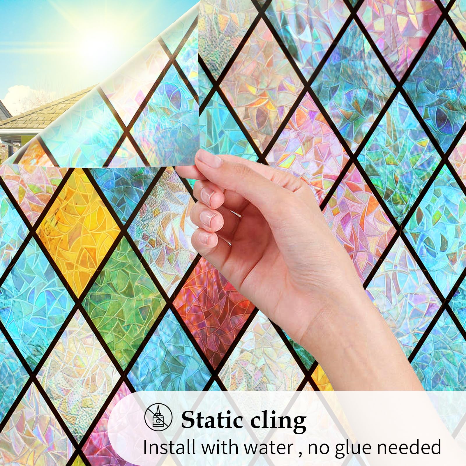 WPCTEV 3D Window Film No Glue Privacy for Glass Sticker Static Cling Heat Control Anti UV Non-Adhesive Decorative Rhombus 29.5 I