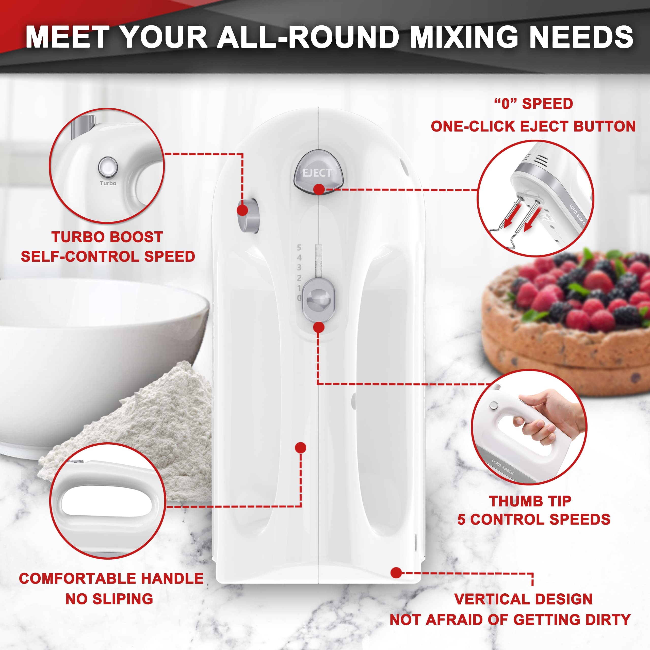 Lord Eagle Hand Mixer Electric  400W Power handheld Mixer for Baking Cake Egg Cream Food Beater  Turbo Boost/Self-Control Speed + 5 Speed + Eject Button + 5 Stainless Steel Accessories (White)
