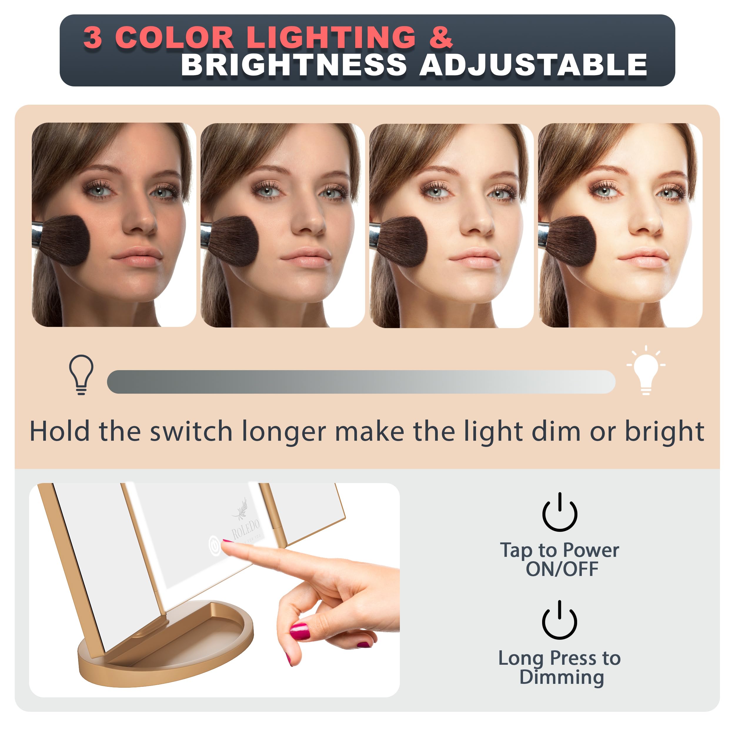 Roledo 3 Folds Lighted Vanity Makeup Mirror, 72 Led Makeup Mirror With Lights, 2X/3X/10X Magnification, Touch Screen 3 Color Lig