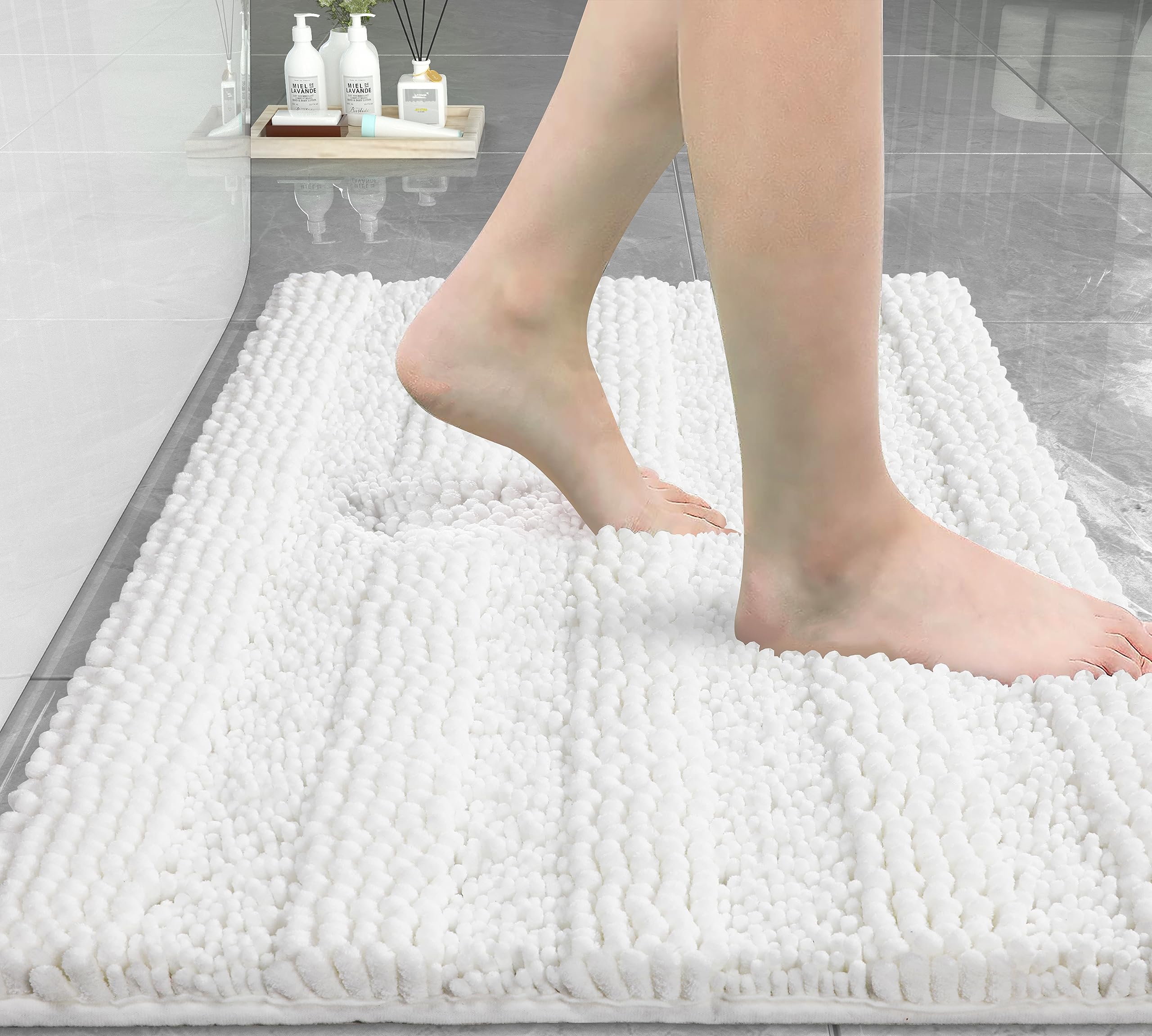 Yimobra White Bathroom Rug Mat, Non Slip Quick Dry Bath Mats, Extra Thick And Super Absorbent Bath Rugs, Luxury Microfiber Cheni